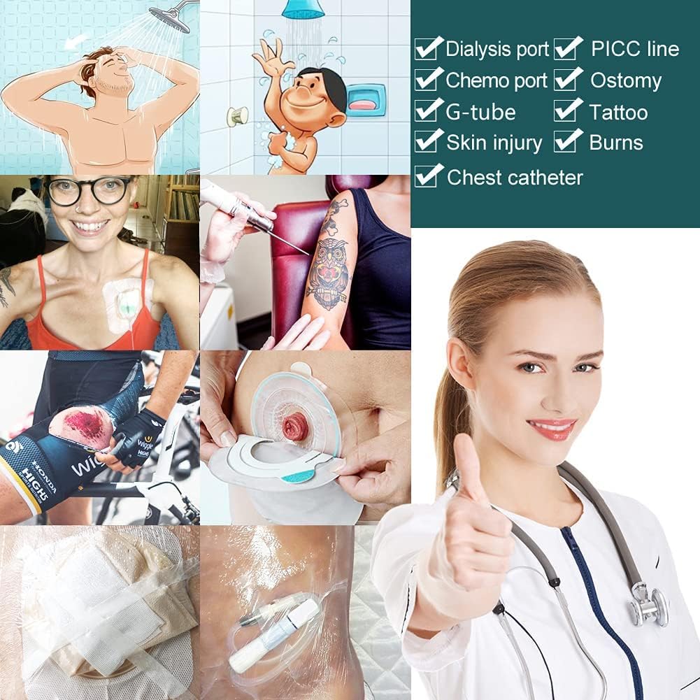 12"x15.7" Waterproof Dialysis Port Shower Covers Protector for Chest with No Glue On The Center, PICC Line Chest Port Shield Island Bandage Dressing Accessories, Pack of 7