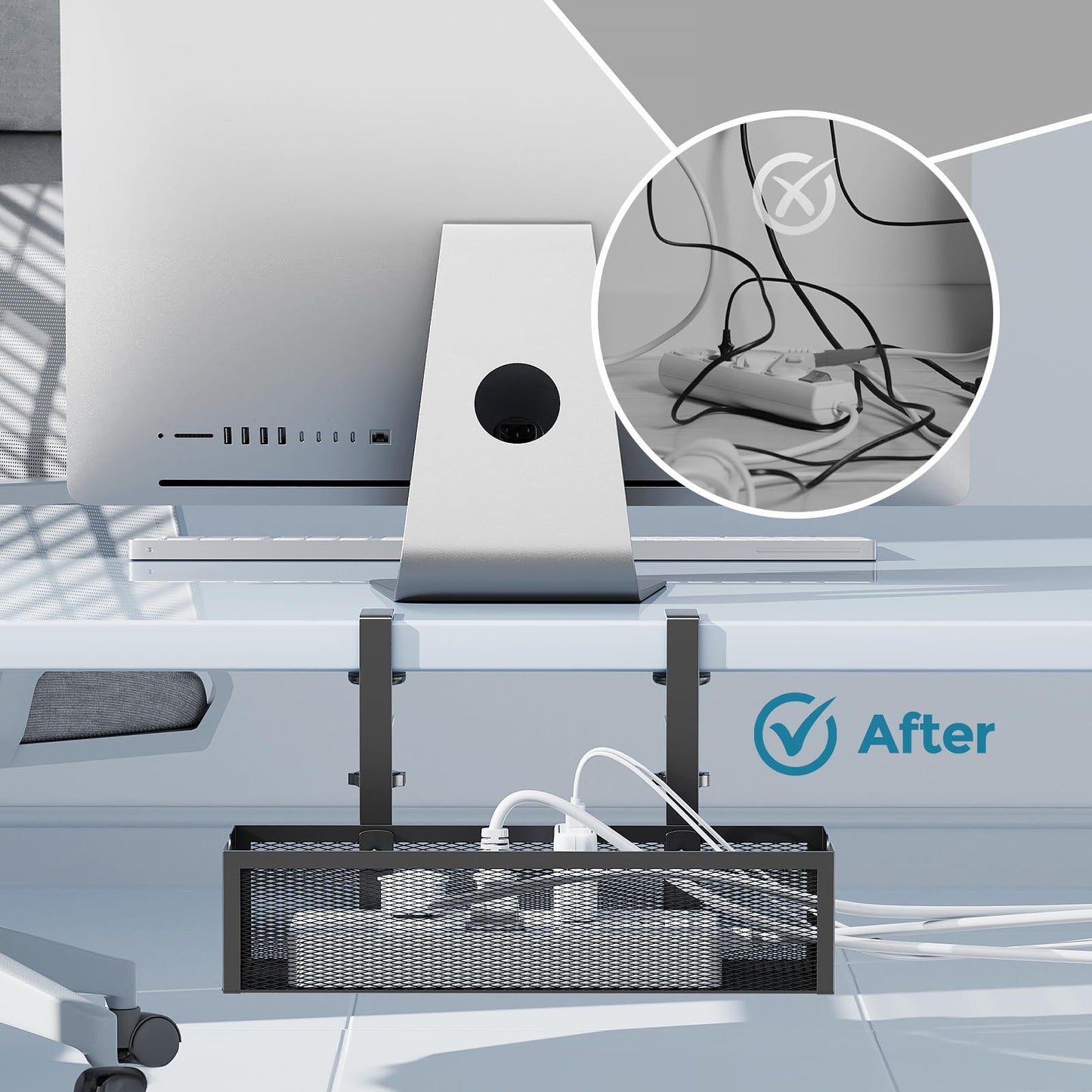 YECAYE No-Drill Metal Under Desk Cable Management Tray, Power Strip & Cable Organizer for Home Office,Under Desk Storage,Organizer Tray,Black