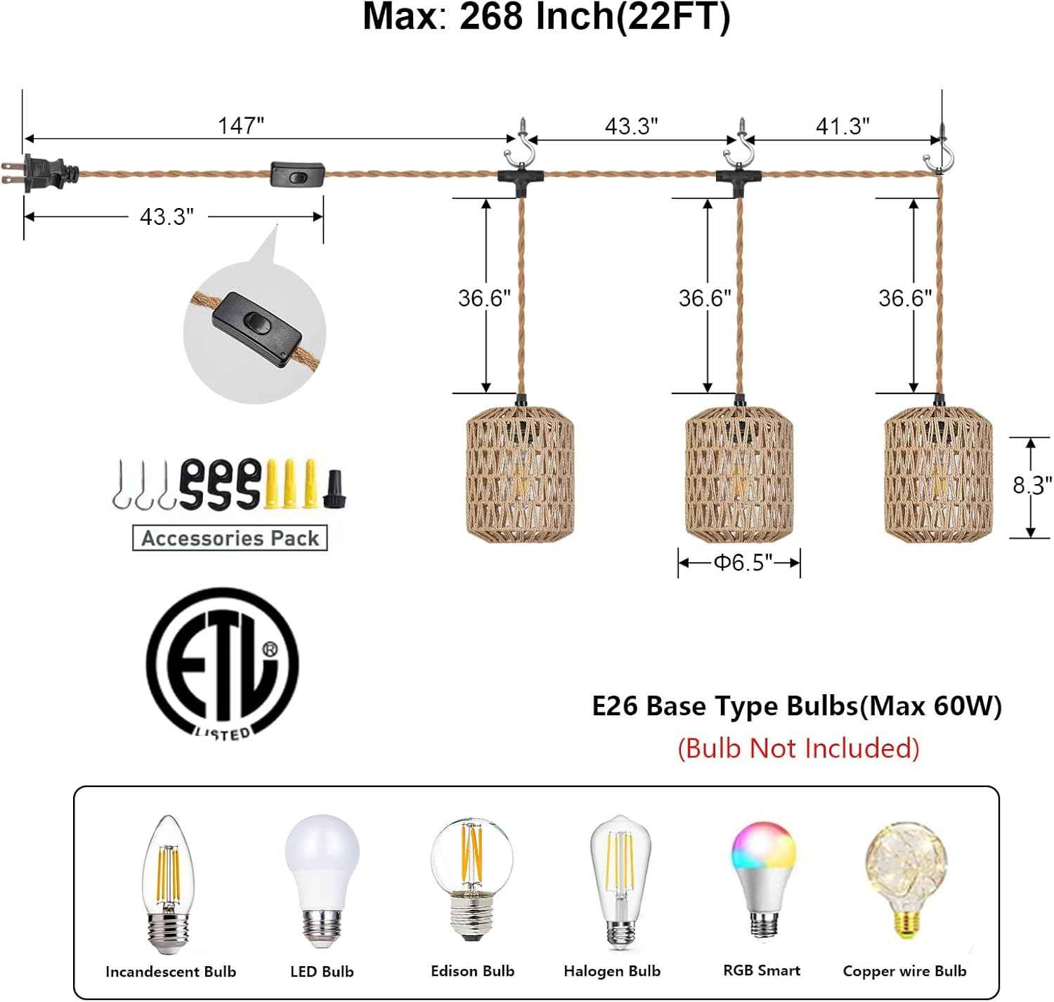Boho Rattan Pendant Light with 3 Bulbs & 22ft Cord - Woven Hanging Chandelier for Bedroom, Kitchen, Hallway