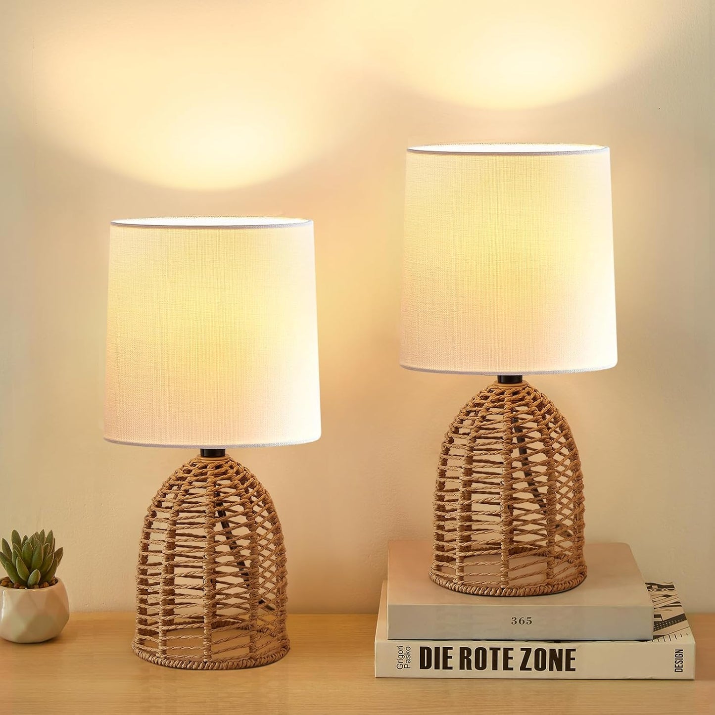 Boho Table Lamps Set of 2 - 13.5" Rustic Ceramic Bedside Lamps for Bedroom & Living Room