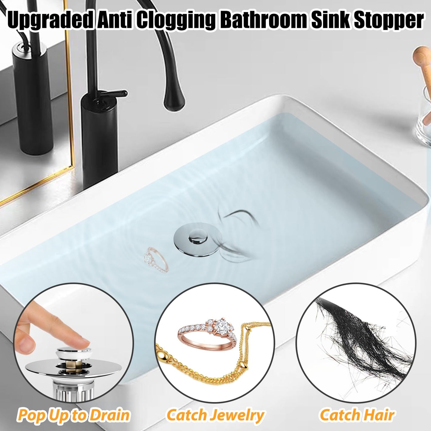 Anlige Bathroom Sink Drain Strainer, 3 in 1 Pop Up Bathroom Sink Stopper with Removable Brass Basket Hair Catcher, Universal Sink Plug for 1.06 to 1.6in Drain Hole, Chrome Silver