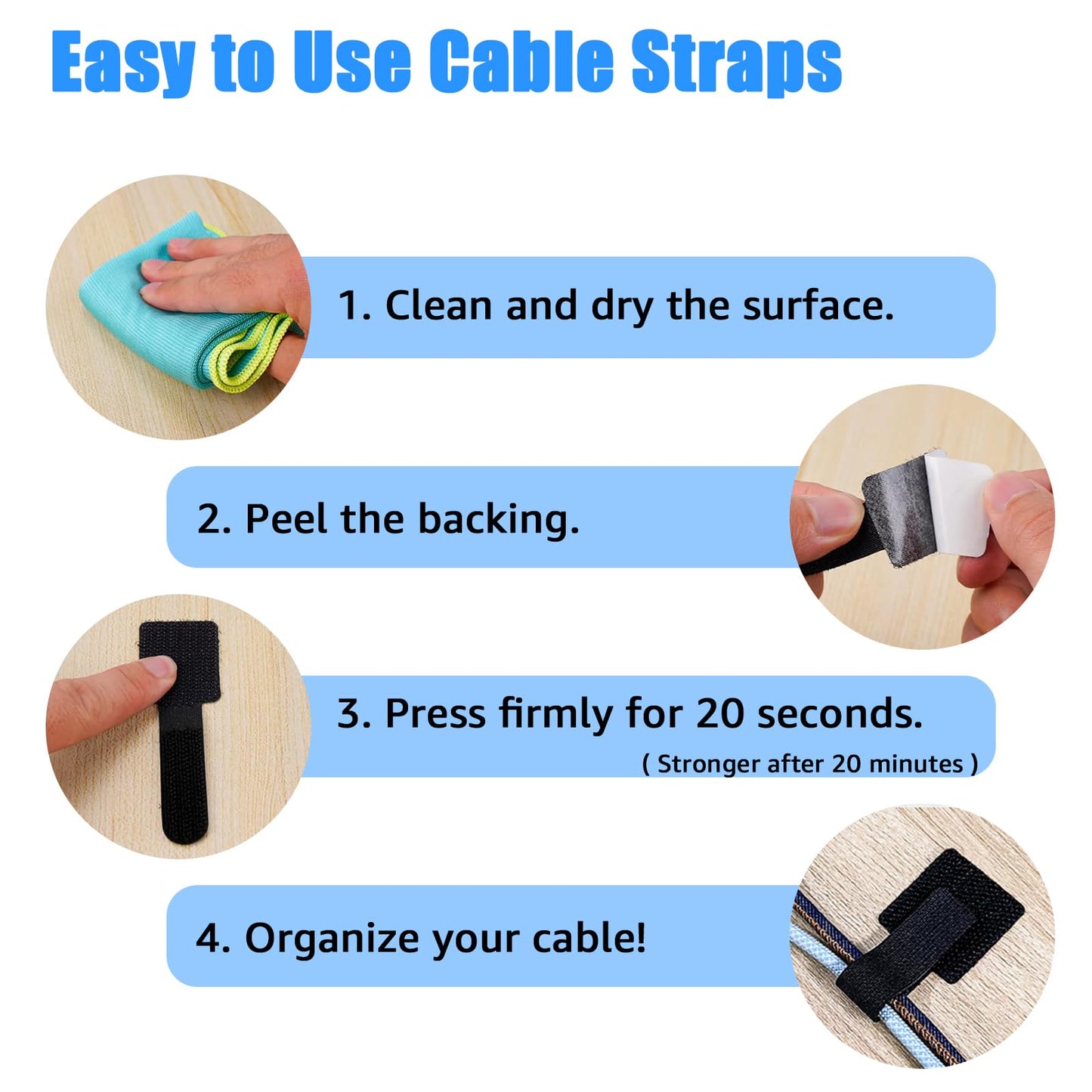 80PCS Hook and Loop Cable Ties, Hook and Loop Cable Straps, Under Desk Cable Management, Adhesive Cable Clips, Sticky-Back Cord Organizer for Desk, Household & Office Organization (Black+White)
