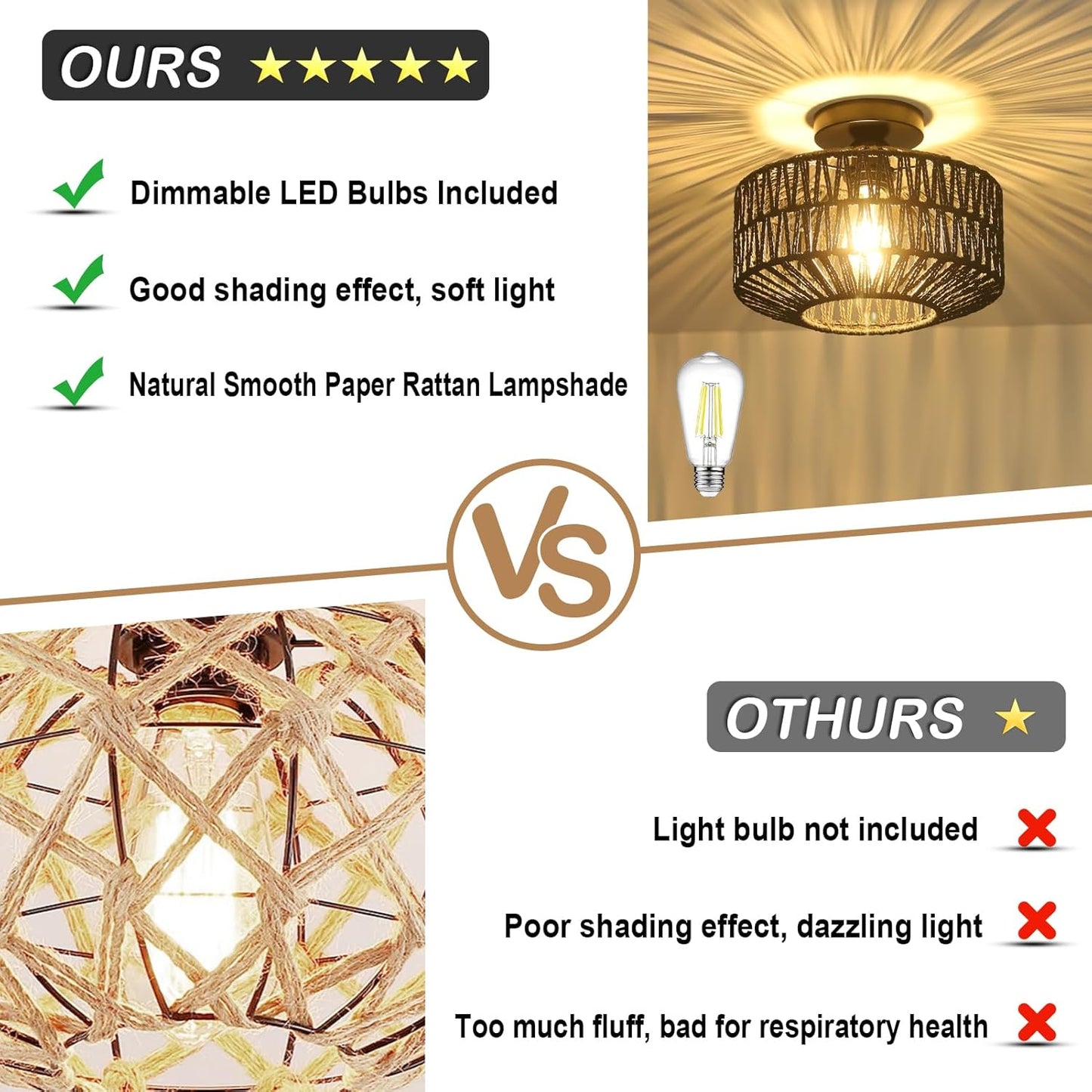 Boho Rattan Chandelier Ceiling Light Fixture with Dimmable LED Bulb - Hand Woven Flush Mount for Hallway, Bedroom, Kitchen & Living Room