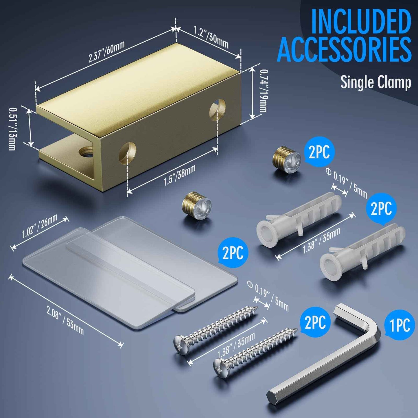 Ranbo 2 Pcs Frameless Glass Clamp Brackets for Shelf and Shower, Heavy Duty Wall Mount Rectangular Holders for 1/4" to 1/2" Panels, Matte Gold Finish Hardware