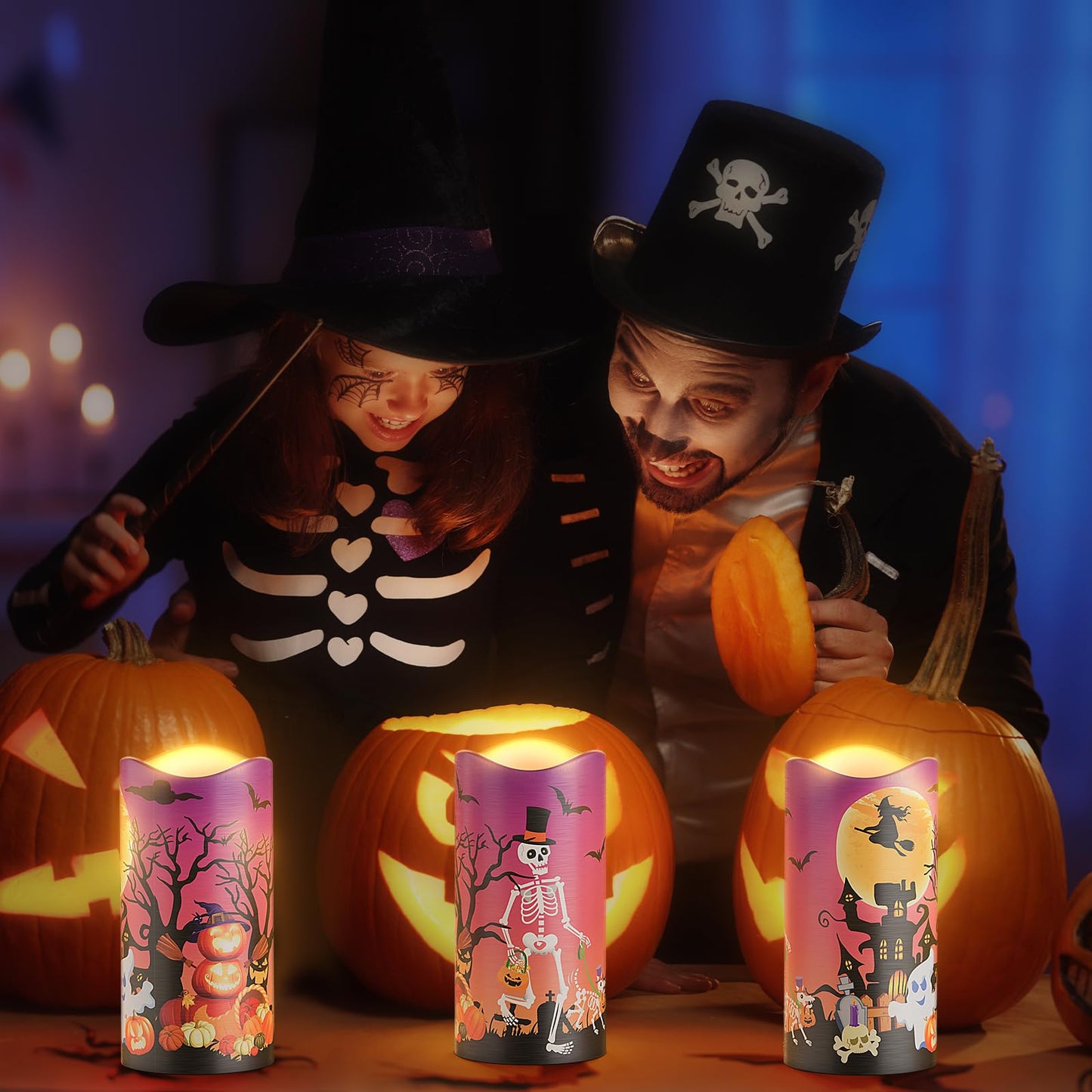 Halloween Flameless LED Candles, Orange Warm Light Halloween Candles, Battery Operated Candles, Candles with Remote Timers for Halloween Decoration, 3 x 6 Inch, Set of 3