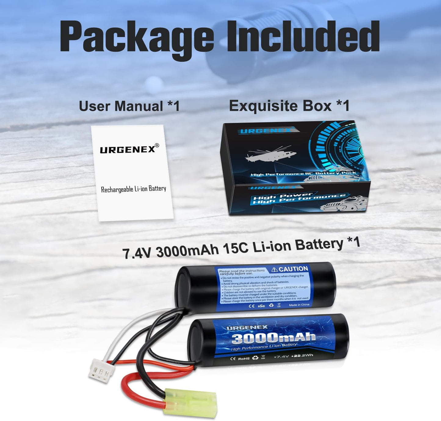 URGENEX 3000mAh Airsoft Battery - 7.4V Nunchuck Rechargeable with Mini Tamiya Plug | Fits Most Airsoft Guns