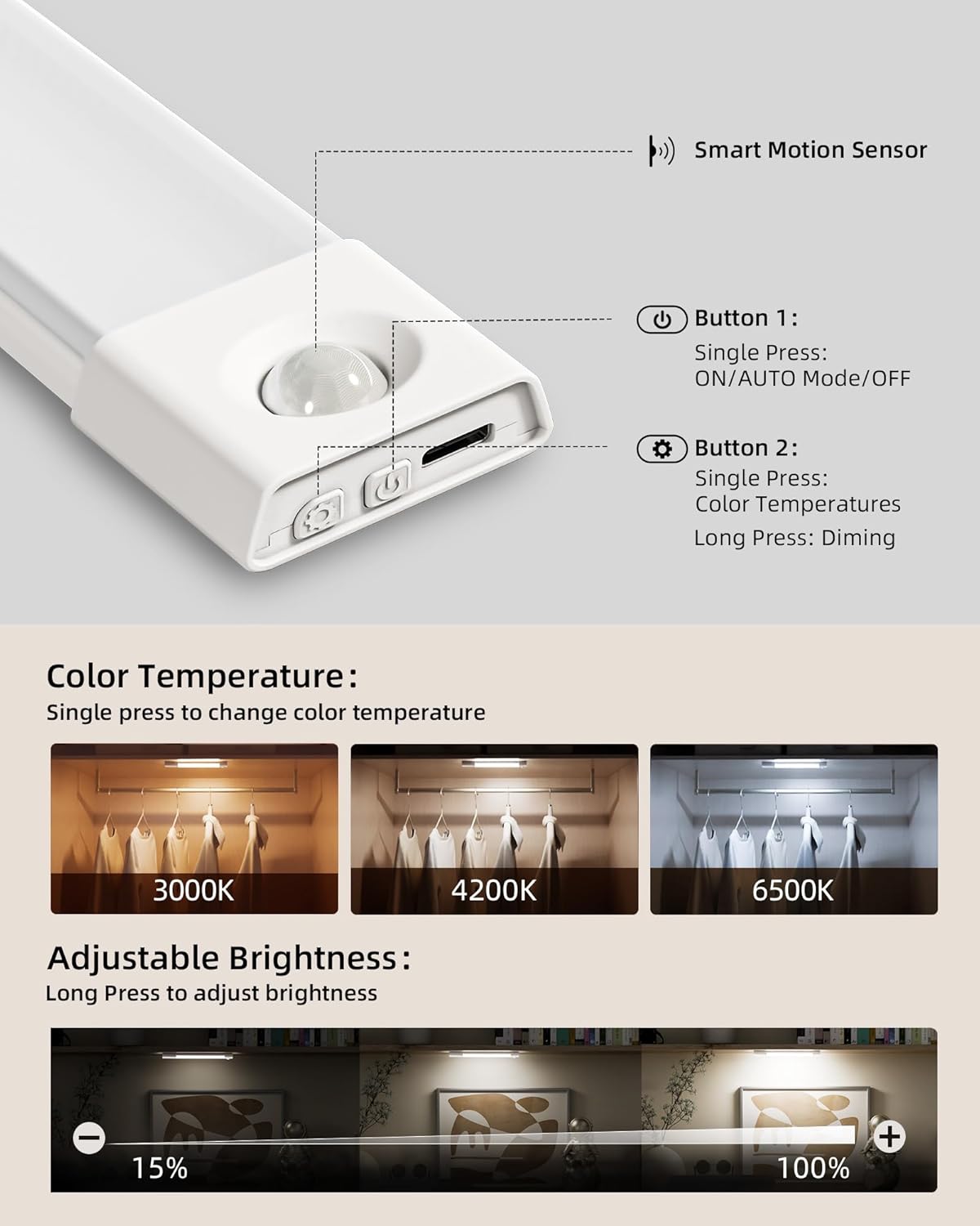 Rechargeable Motion Sensor Under Cabinet Lights - 6-Pack Dimmable LED Closet Lighting, 3 Color Temperatures, 11.8 Inch for Kitchen, Pantry & Bedroom