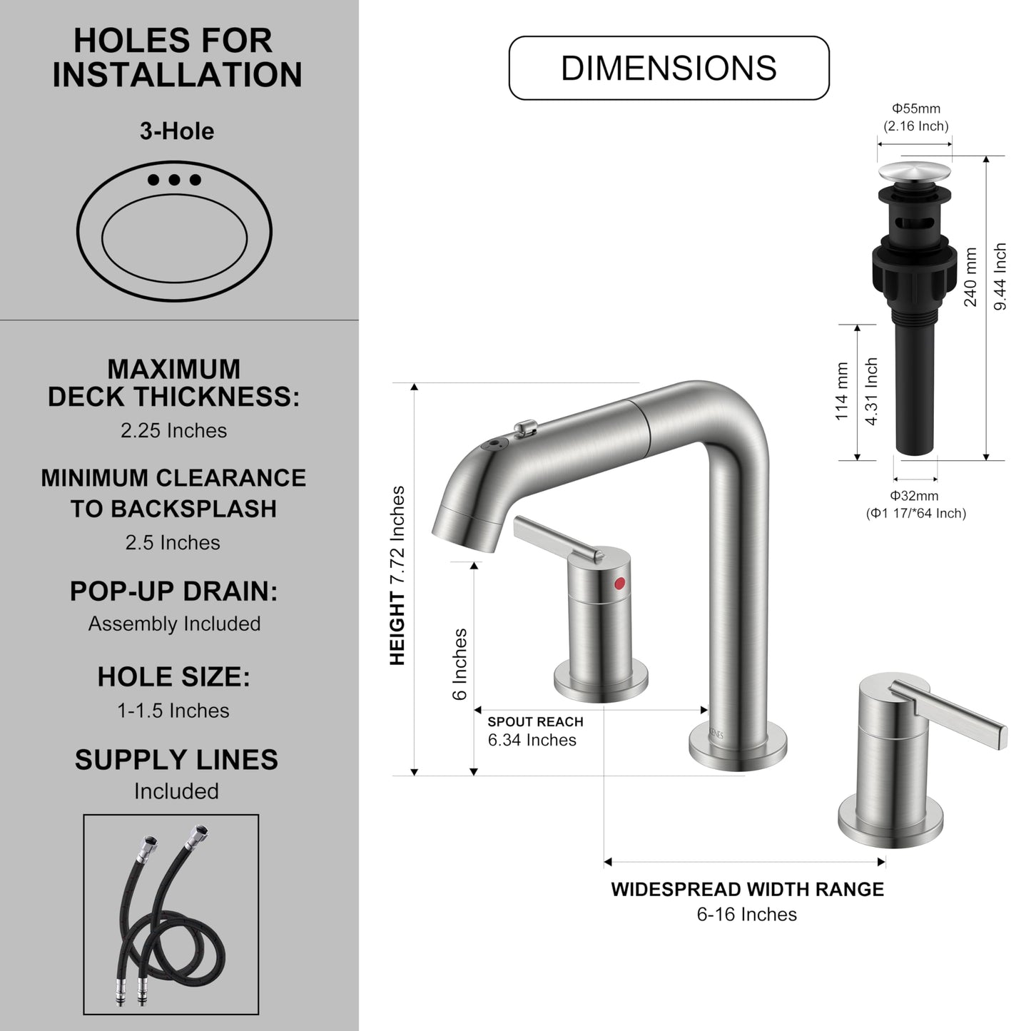 KENES Widespread Bathroom Faucet with Sprayer, Brushed Nickel Bathroom Sink Faucet with Pull Down Sprayer, 8 Inch 3 Hole Pull Out Bathroom Faucet with Pop Up Drain & Supply Lines LJ-9058A