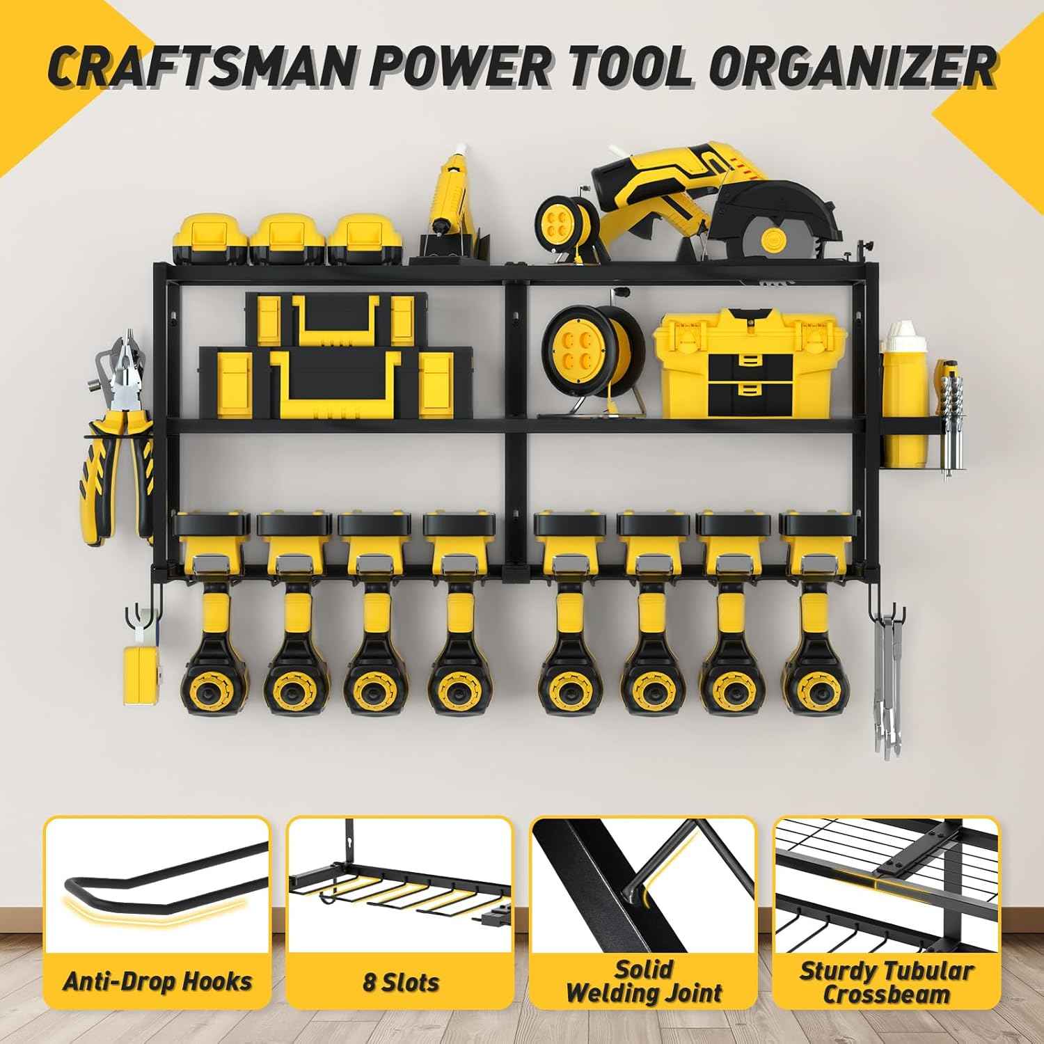 Heavy-Duty Wall-Mount Power Tool Organizer - 3 Extra Large Layers, 300lbs Capacity, 8 Cordless Drill Holders for Garage & Workshop