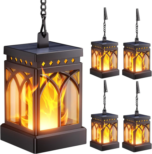 KOOPER Solar Lanterns 4 Pack - Waterproof Hanging Lights with Flickering Flame & Constant Modes for Garden, Patio, and Yard Decor