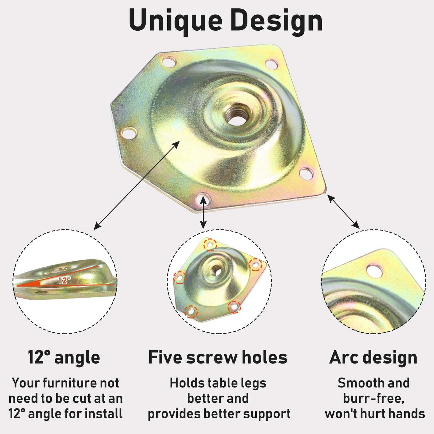HUTLON Leg Mounting Plates, Furniture Leg Attachment Plates, 12 Degree Angled Metal Table Leg Mounting Hardware, Furniture Leg Mounting Brackets Industrial Strength T-Plate, 4 Pack