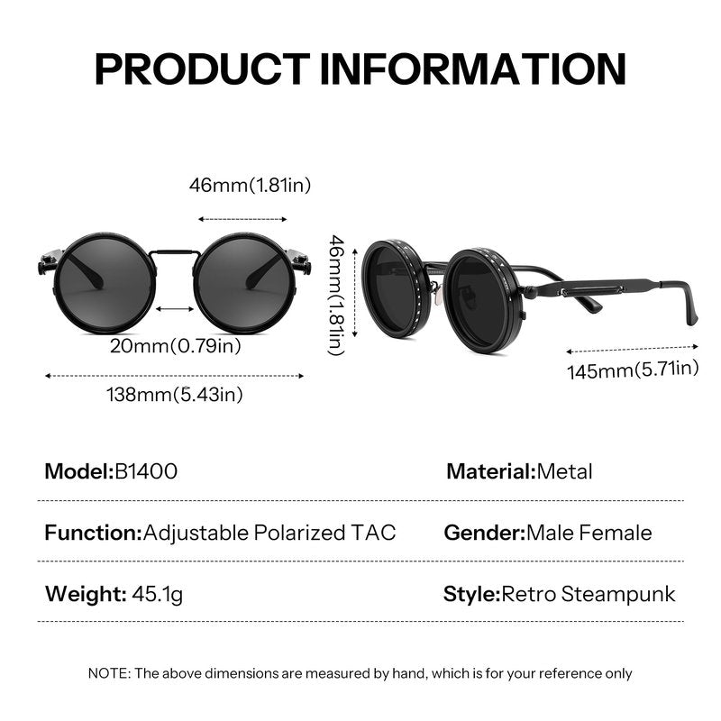 FEISEDY Adjustable Tint Sunglasses Polarized Men, 1-9 Gear Manual Dimming, Steampunk Round Metal Frame UV400 ND Filter B1400