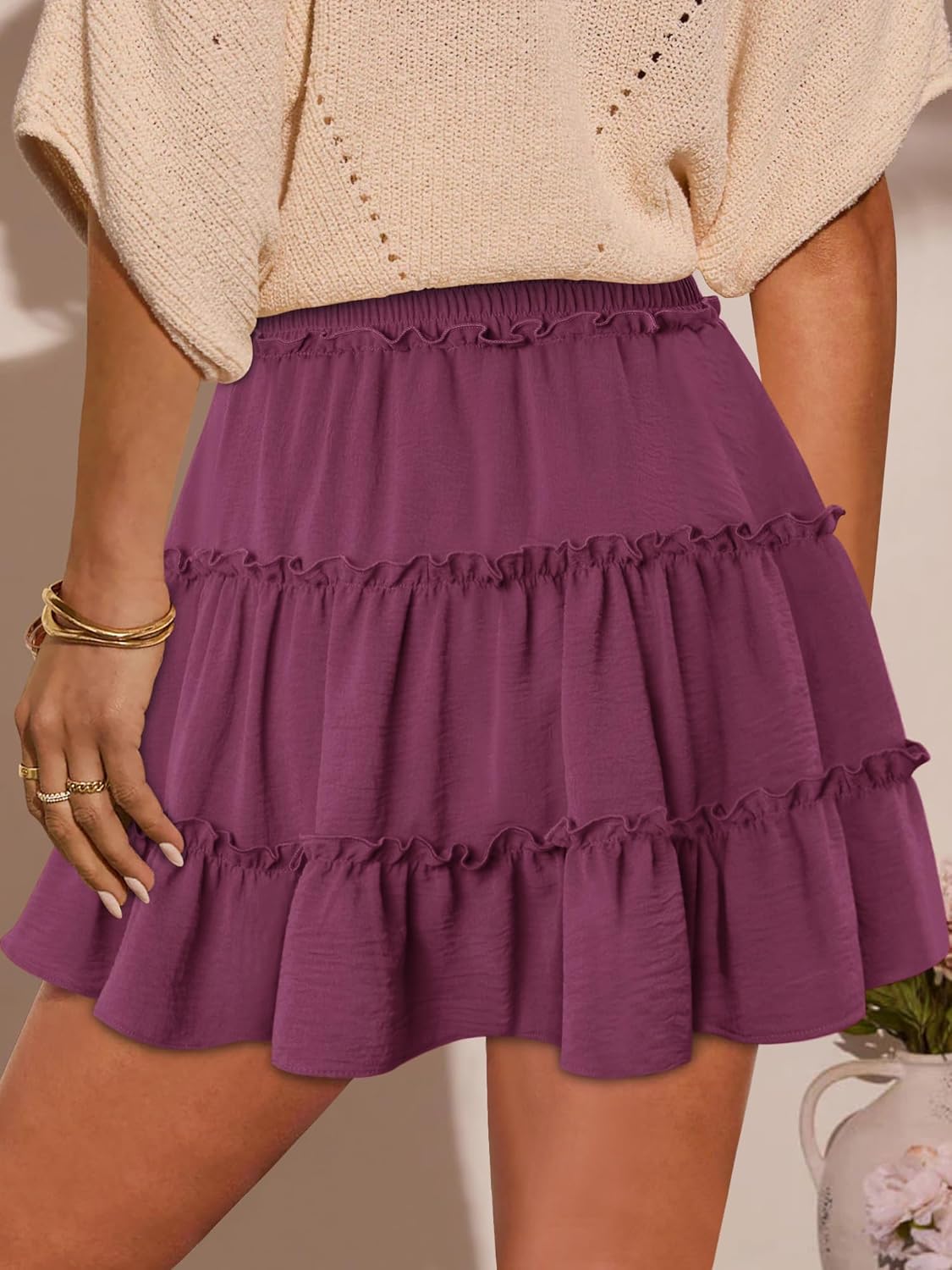 Onlypuff Women's Boho Mini Skorts - Flowy High Waist Ruffle Tiered Summer Lounge Shorts