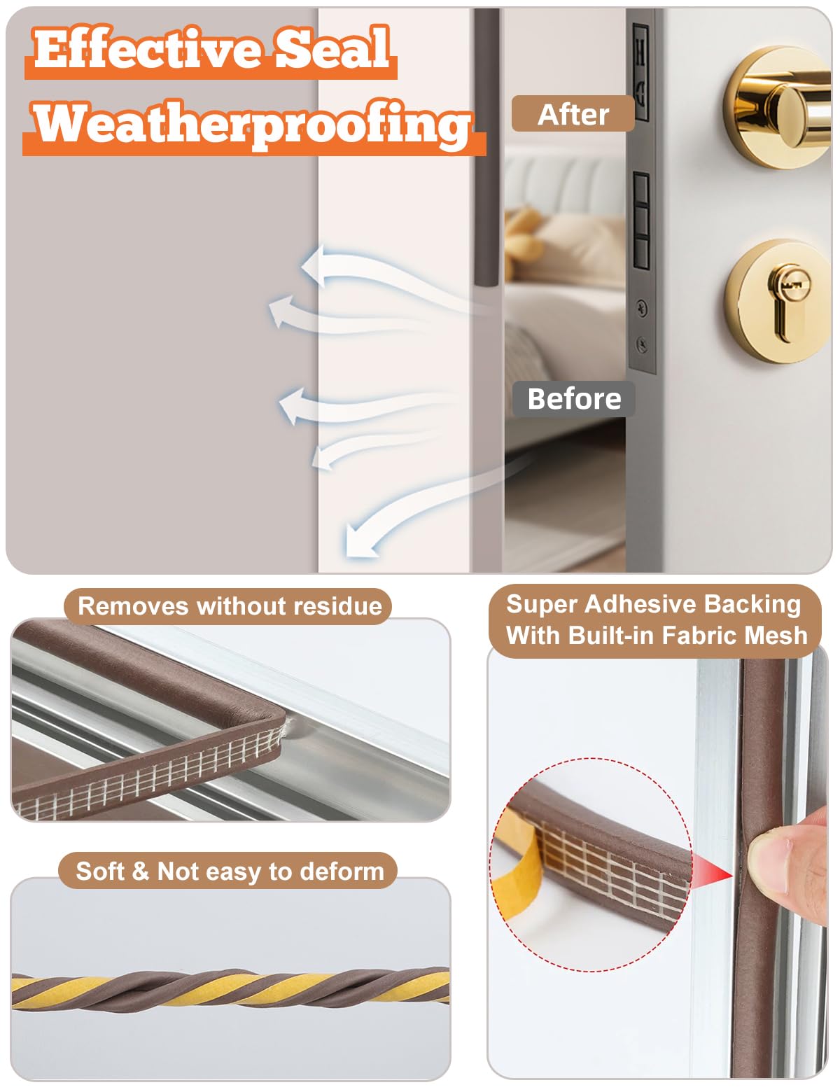 32.8 Ft Weather Stripping Door Seal Strip,Self Adhesive Door Soundproofing D Shaped Weatherstripping for Door Frame/Window,Brown,3/8" W × 1/4" T