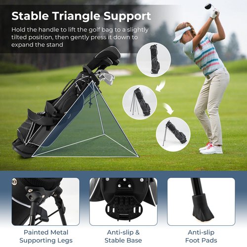 GYMAX Golf Stand Bag, 4 Way Divider Golf Bag with 4 Zippered Pockets, Cooler Bag, Rain Hood & Padded Shoulder Strap, Lightweight Portable Pitch n Putt Golf Clubs Bag for Men/Women (Black)