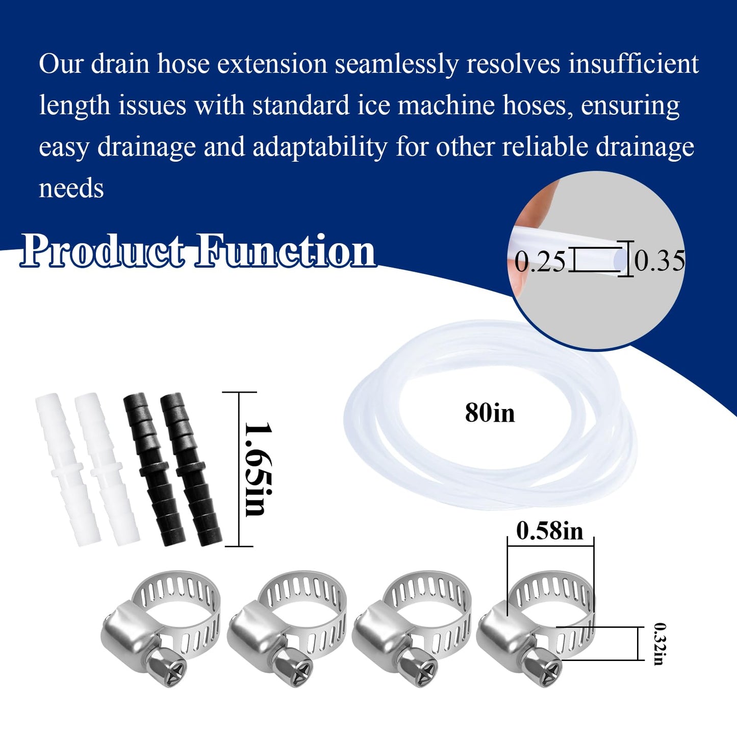 1/4'' ID 6.5 Ft Drain Hose Extension, Ice Maker Parts, Compatible with GE Opal Nugget & Other Ice Makers, with 4 Pcs Connectors & Clips, for Cleaning & Maintenance fit Multiple Purpose