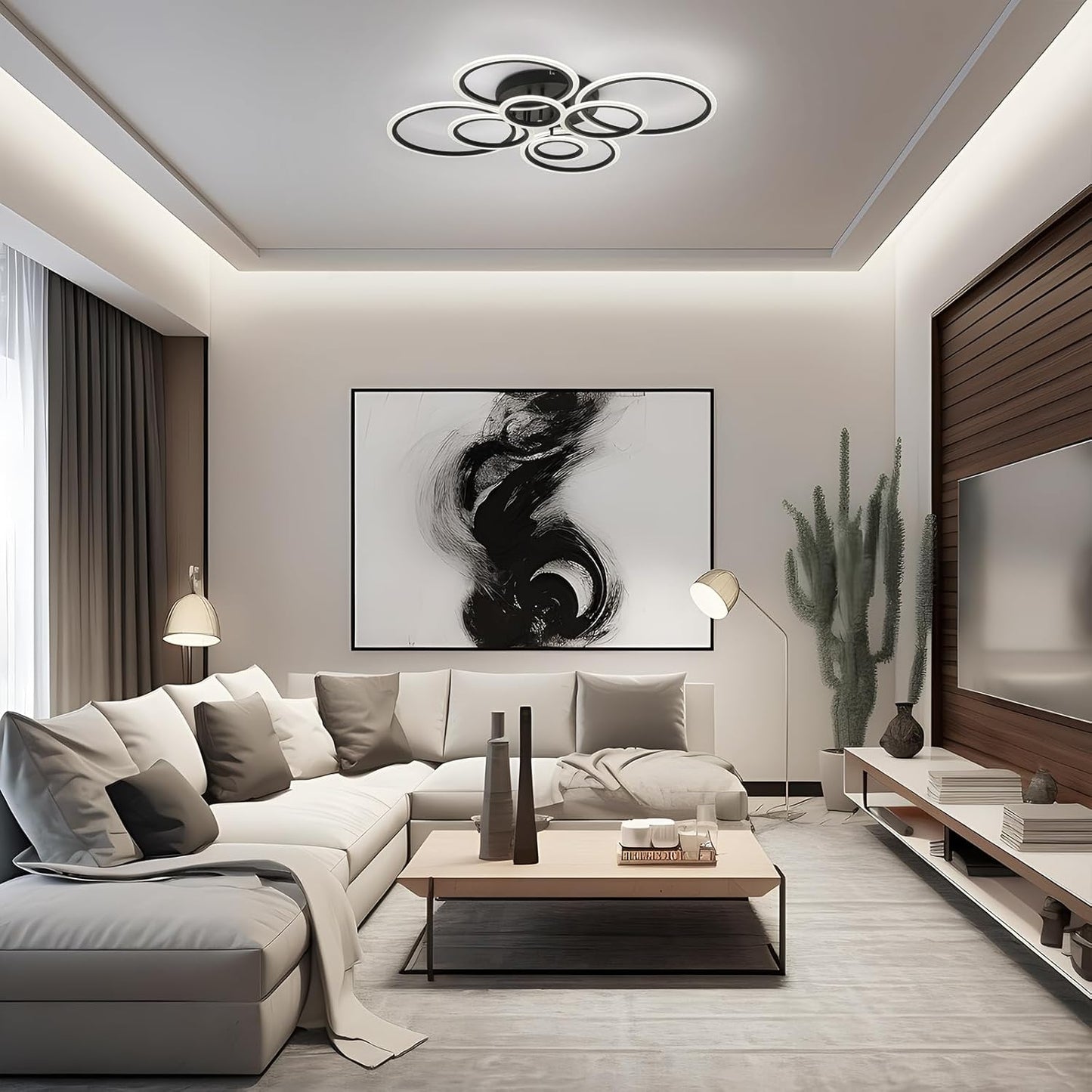 Modern LED Flush Mount Ceiling Light - 4 Rings 4000K Fixture for Kitchen & Living Room