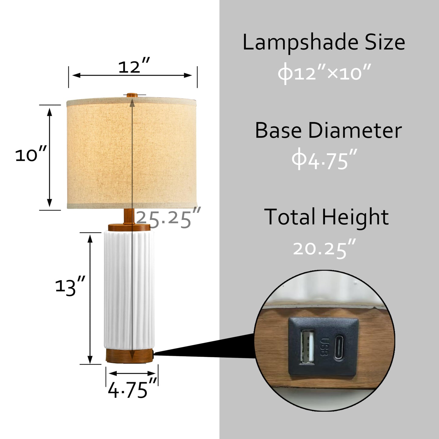 HGNPJC White Ceramic Table Lamp 3 Way Dimmable Nightstand Pottery Lamp Set of 2 with Oatmeal Shade 25" Modern Bedside Desk Lamp with USB A+C for Living Room Bedroom Farmhouse Dining Room Enterway