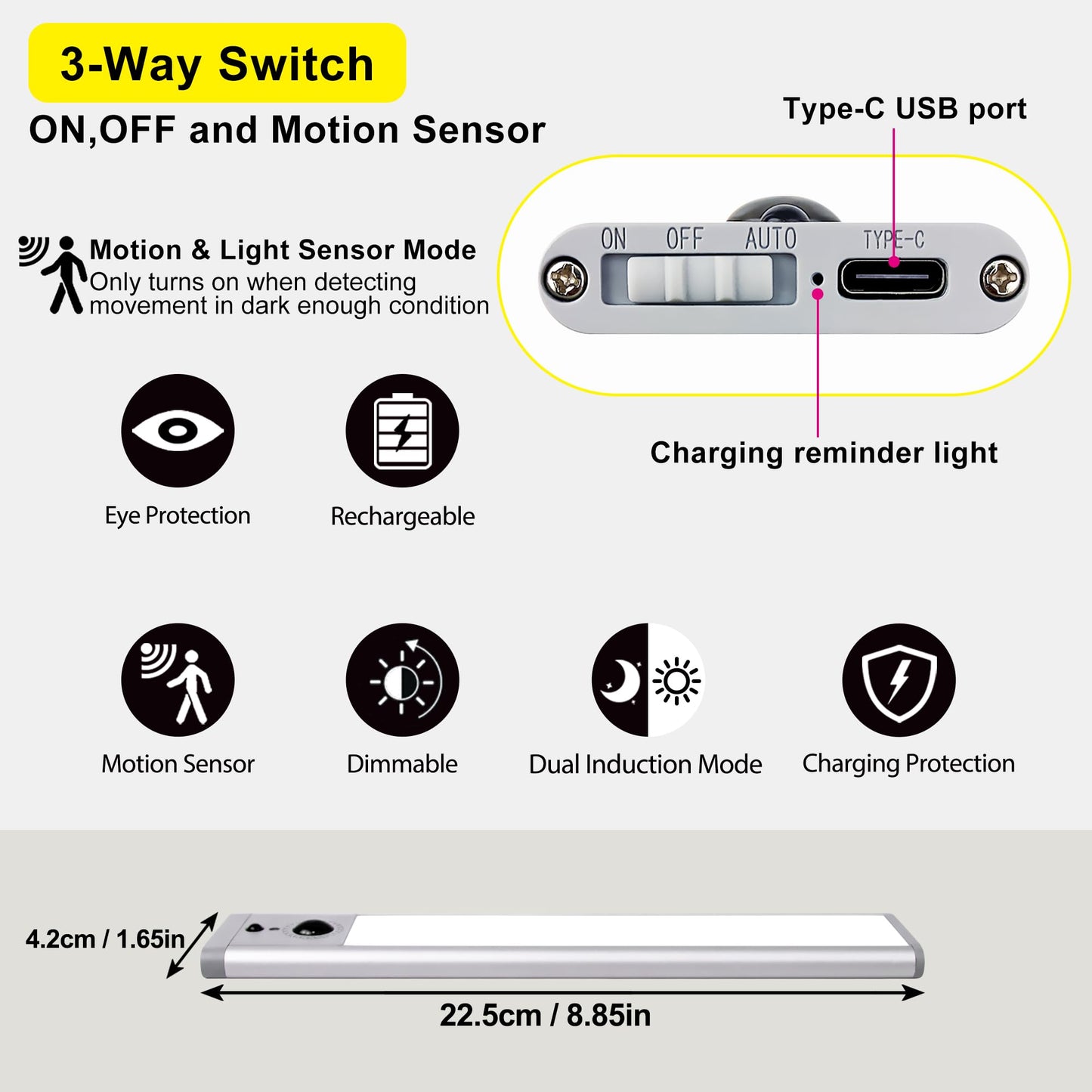 VK Under Cabinet Lights,37 LED Motion Sensor Light Indoor,Magnetic Dimmable Rechargeable Battery Under Counter Lights Wireless,Closet Lighting for Kitchen,Wardrobe,Stairs,White-2pack,8.85inch