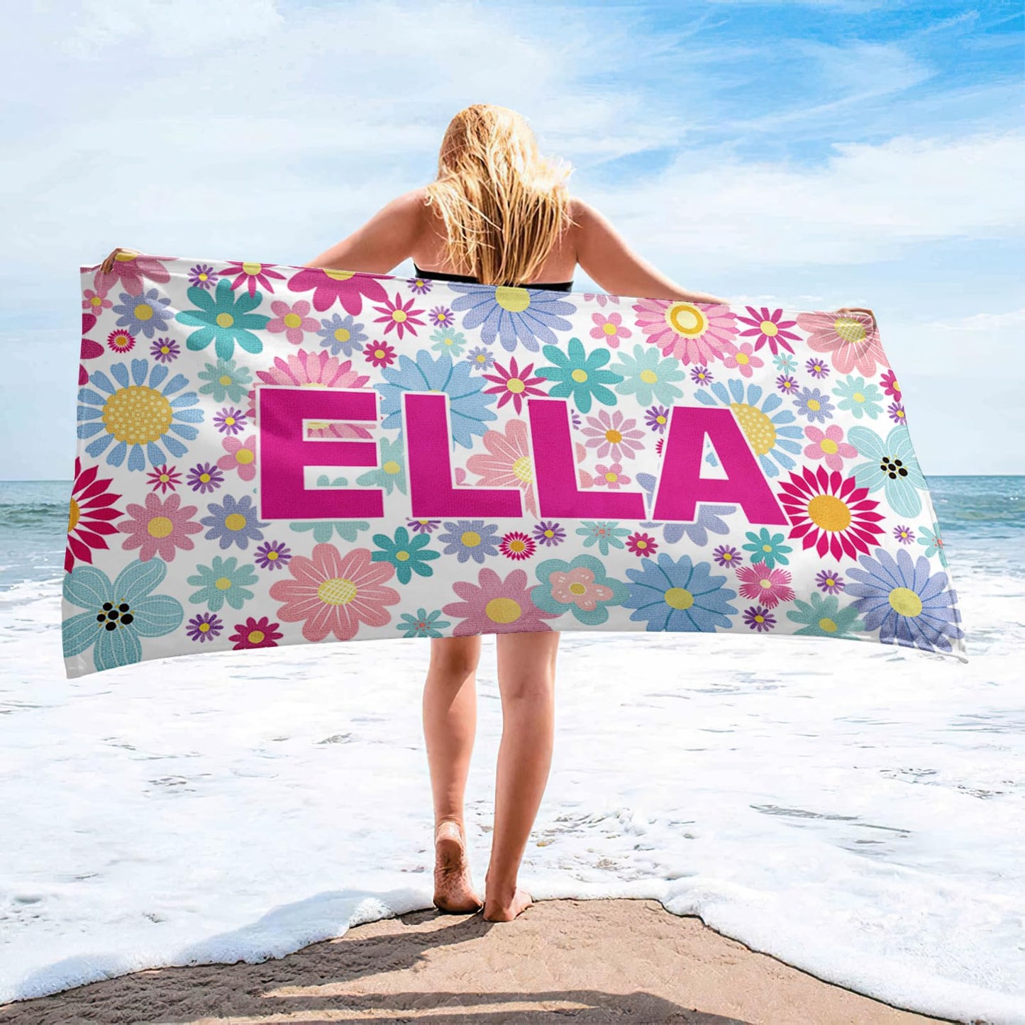 Dreamdecor Kids Personalized Beach Towel with Name, Striped Custom Beach Towels for Swimming Pool Vacation, Microfiber Sand Free Fast Drying Beach Towel - Easter Gift for Adults Women Men Kids