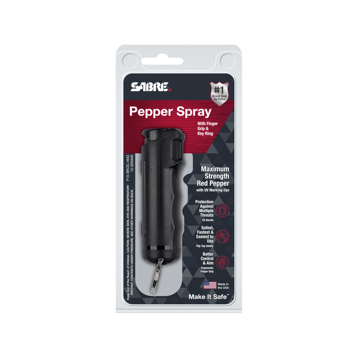 SABRE Pepper Spray with Fast Flip Top Safety & Snap‑Clip Keychain for Self Defense - Maximum Police Strength OC with UV Marking Dye, Finger Grip, 10‑Sec. Spray, 14-ft Range, Made in USA, 0.54 fl oz