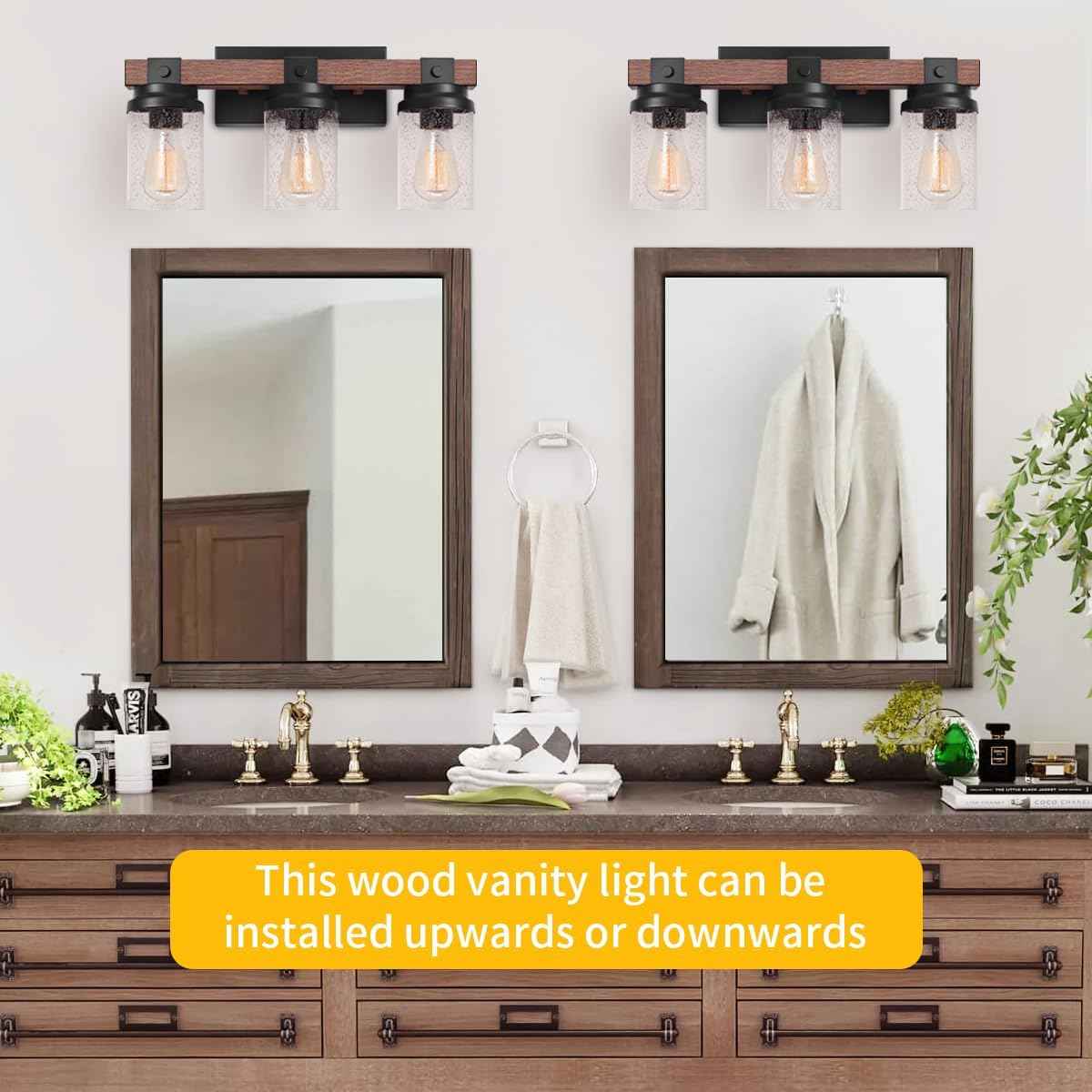 Farmhouse 2-Light Vanity Lights for Bathroom - Rustic Black Wood & Glass Sconces