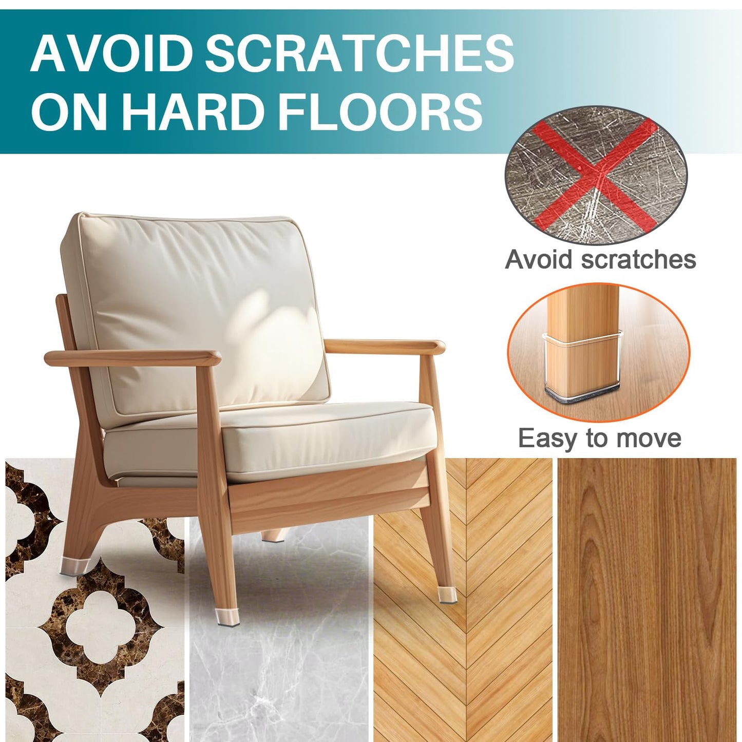 24 Pcs Chair Leg Floor Protectors Rectangle, Silicone Felt Furniture Leg Pads Caps Covers for Hardwood Floors (Fit Perimeter 3-3/4" to 4-7/8")