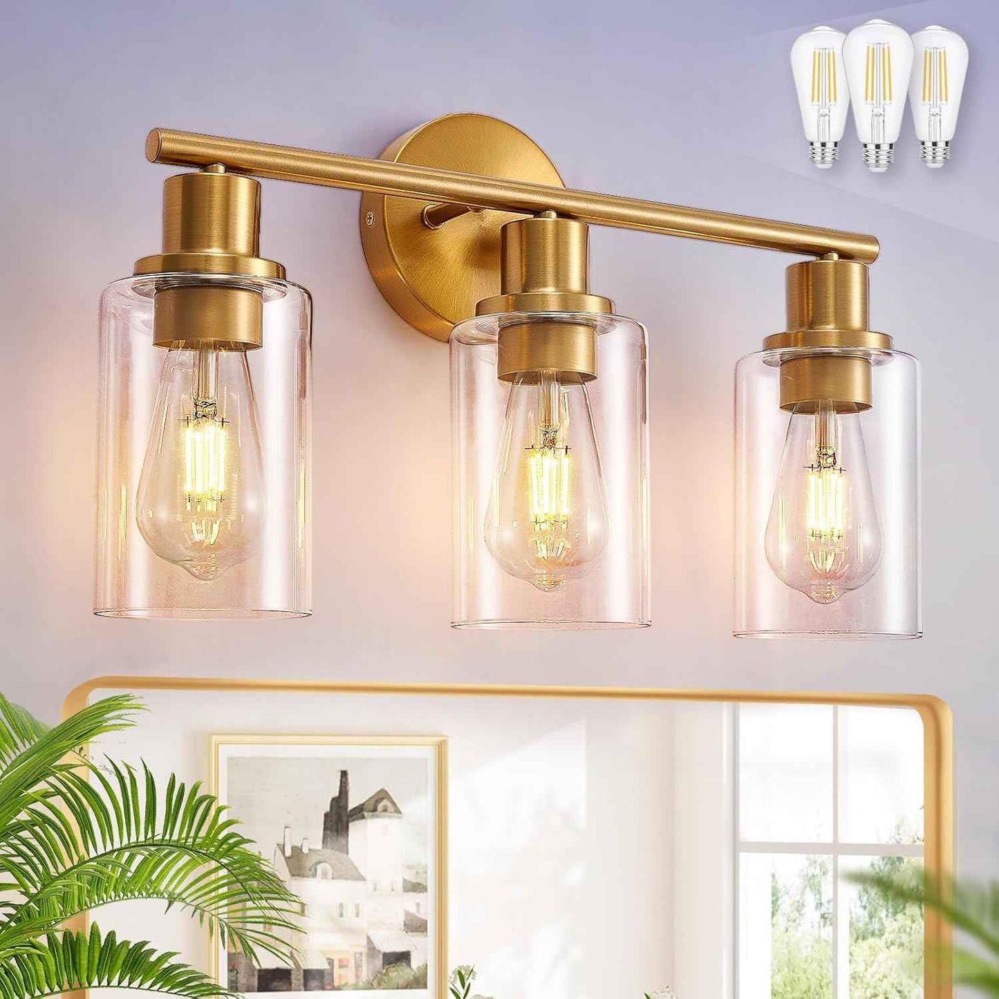 Modern Black 3-Light Bathroom Vanity Light Fixture with Clear Glass Shades - 2 Pack