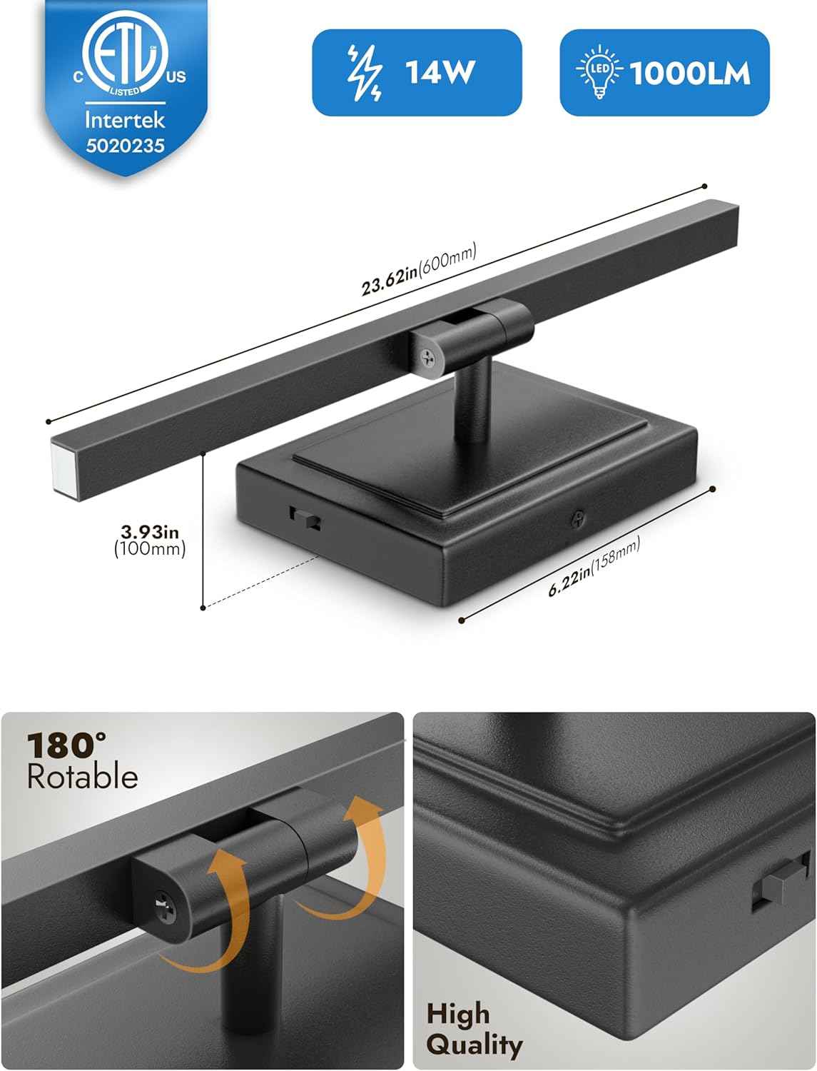 NIORSUN 24-Inch Dimmable LED Bathroom Vanity Light Fixture - Modern Black Over Mirror Lighting, 5CCT, ETL Certified