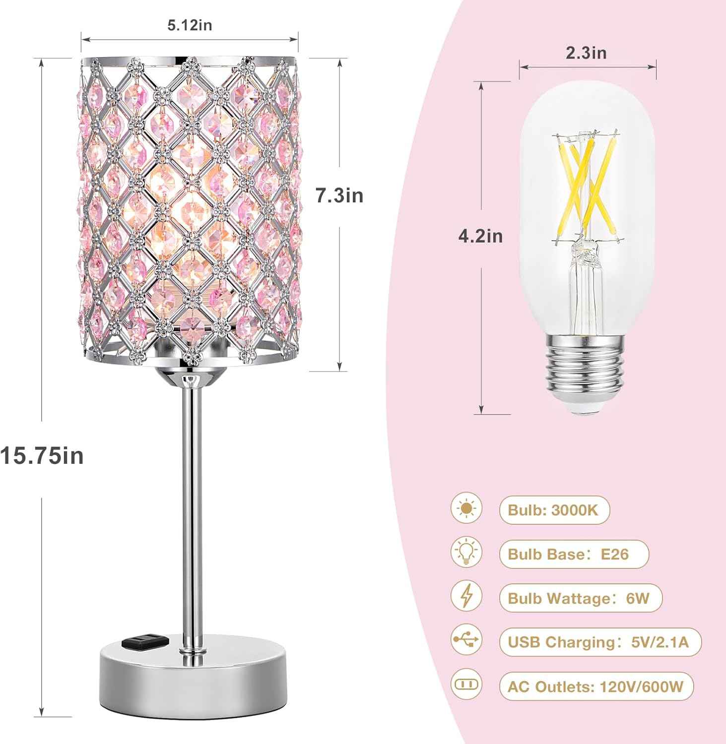 Dimmable Touch Control Crystal Table Lamp Set of 2 with USB-C & AC Ports - Elegant Nightstand Lighting for Bedroom & Living Room