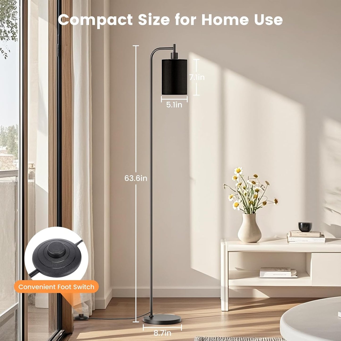 Dimmable Floor Lamp with Linen Shade & Remote Control - Modern 9W LED Standing Lamp for Living Room, Bedroom, Office