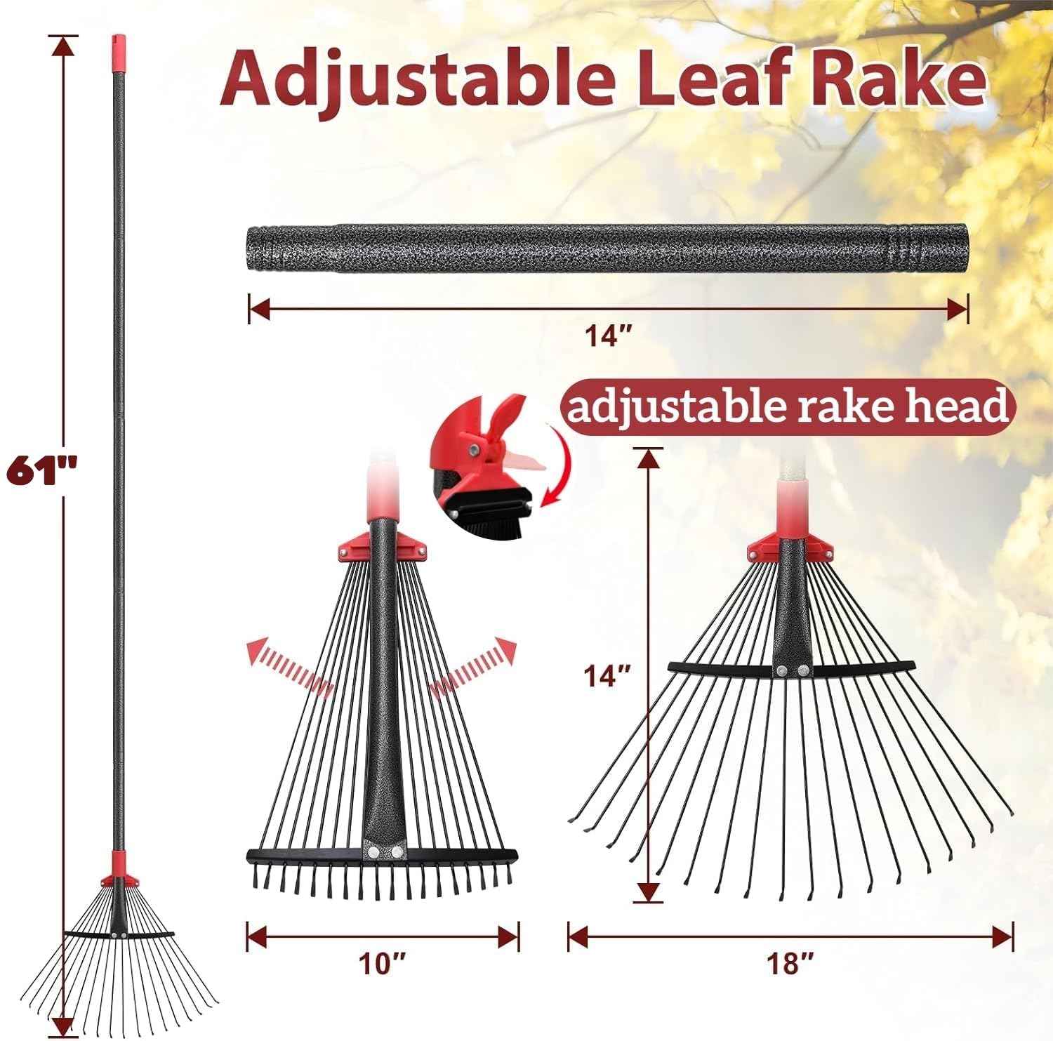 TAILERNRUYE 61 Inch Rake for Leaves , Adjustable 18 Tines with Expandable Head 9-18in Grass Rake Heavy Duty Metal Rakes for Women Children Yard Gardener Gardening Grass Debris Lawns