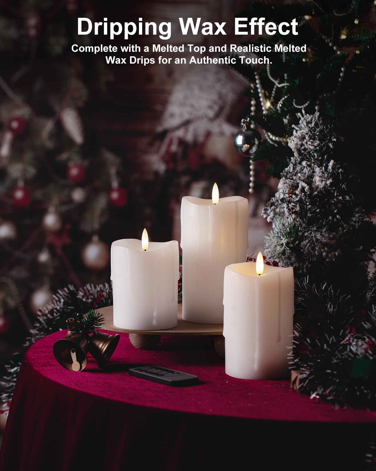 Velsyn White Flameless Candles with Remote and Timer, Real Wax Made Wax Drip LED Pillar Candles Battery Operated with 3D Flickering Flame Melted Top - 3" x 4", 3" x 5", 3" x 6" - Set of 3