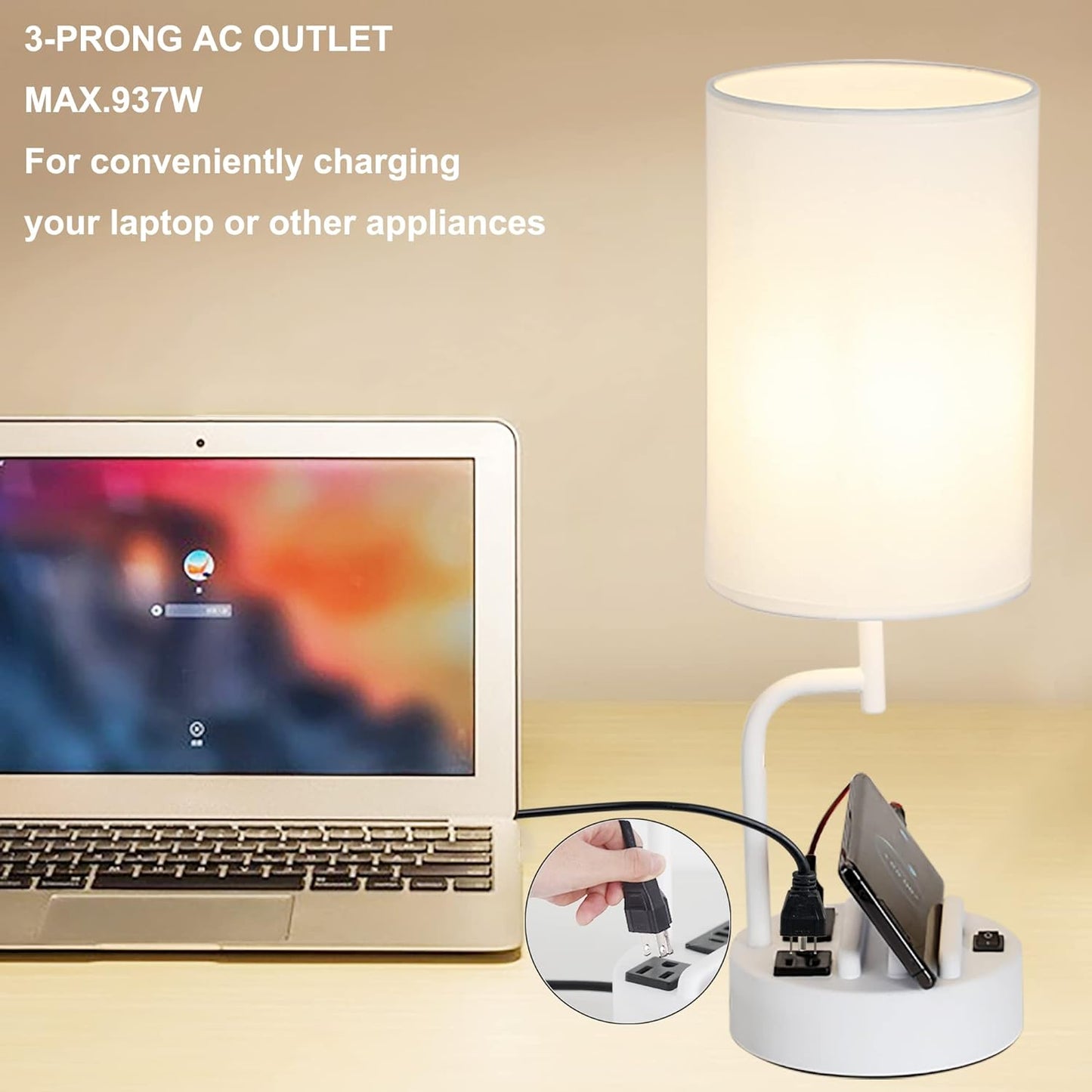 Modern Table Lamp with 3 USB Ports & AC Outlet - Set of 2 Bedside Desk Lamps in Silver