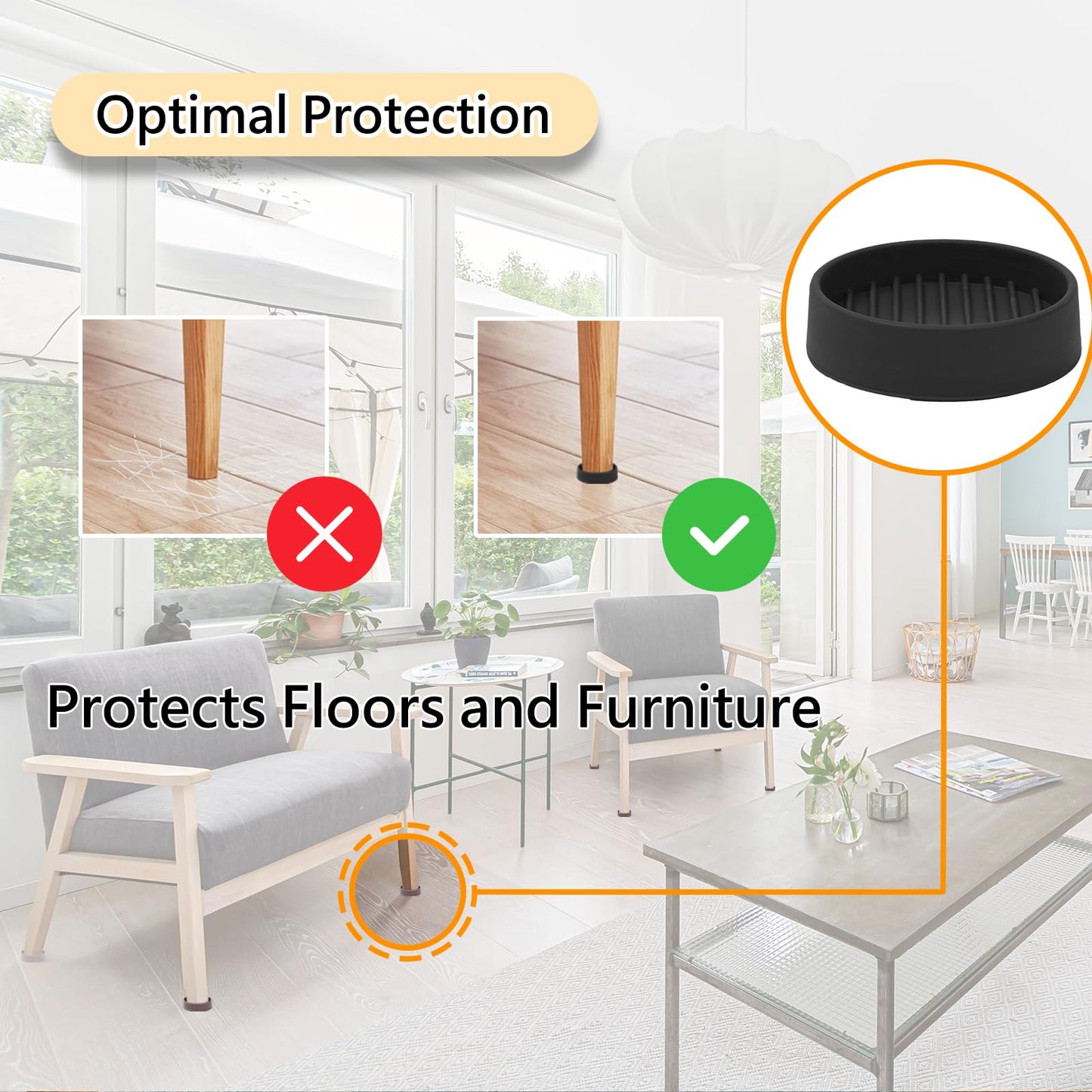 3x3 Round Rubber Furniture Caster Cups, Anti-Sliding Furniture Pads Bed Stopper Floor Protectors with Grip - Protect Any Flooring