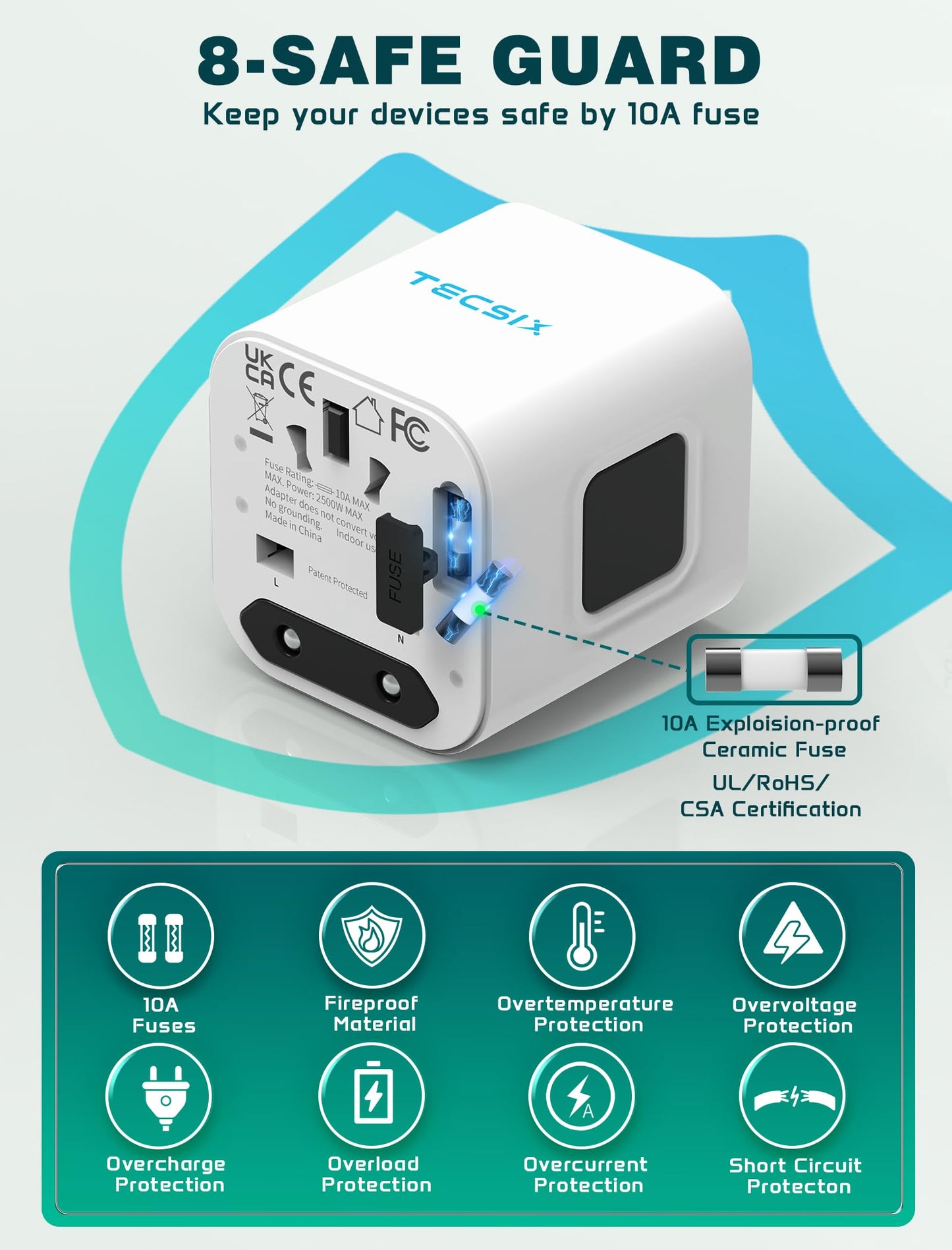Universal Travel Adapter Worldwide, TECSIX Compact Travel Power Plug Adapter (Type A C G I), 2500W Internetional Wall Charger Outlet Adaptor to Europe, India, UK, US, AUS, Asia 200+ Countries