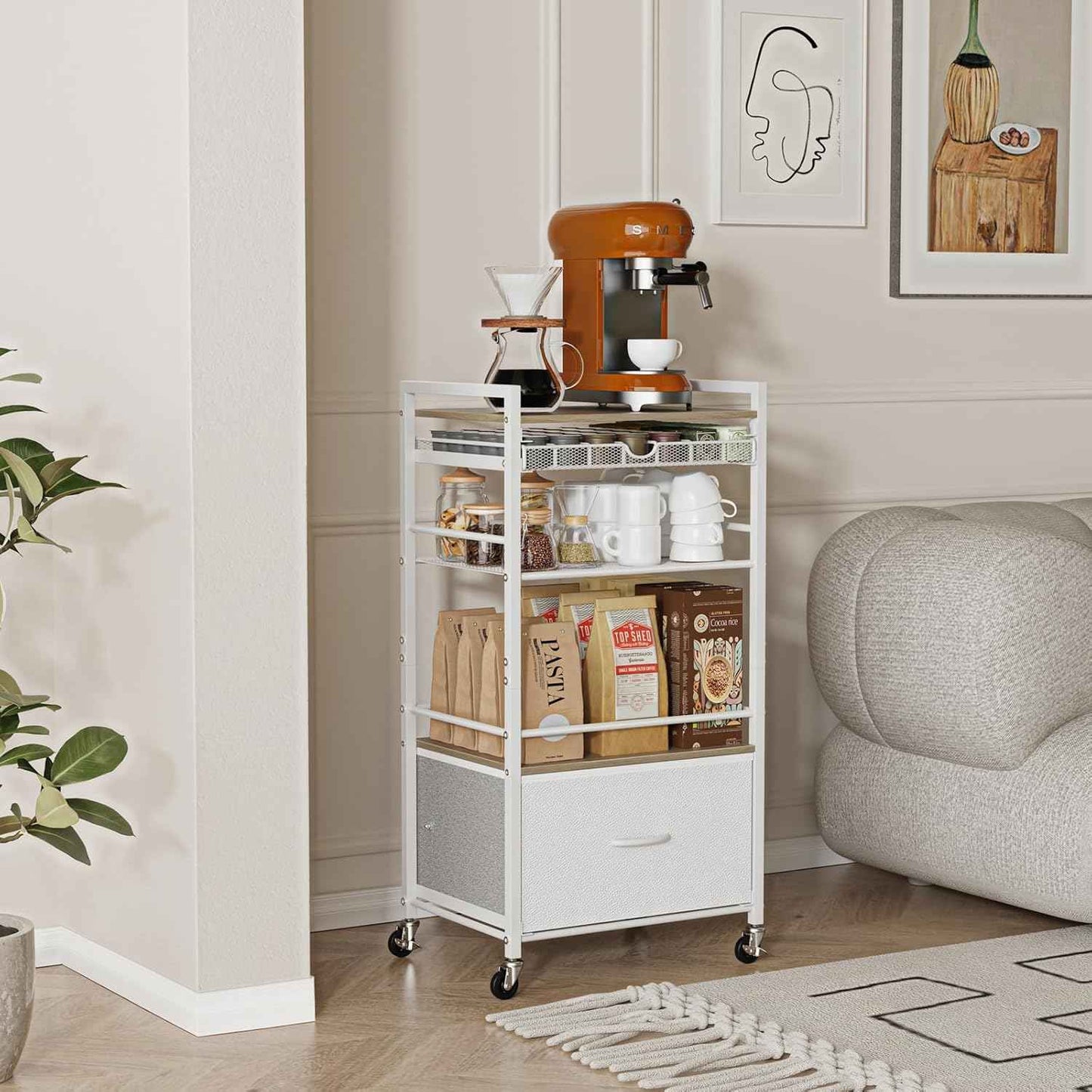 Modern White Coffee Bar Cabinet on Wheels - 5-Tier Storage Station with Drawer for Home Kitchen & Liquor Buffet