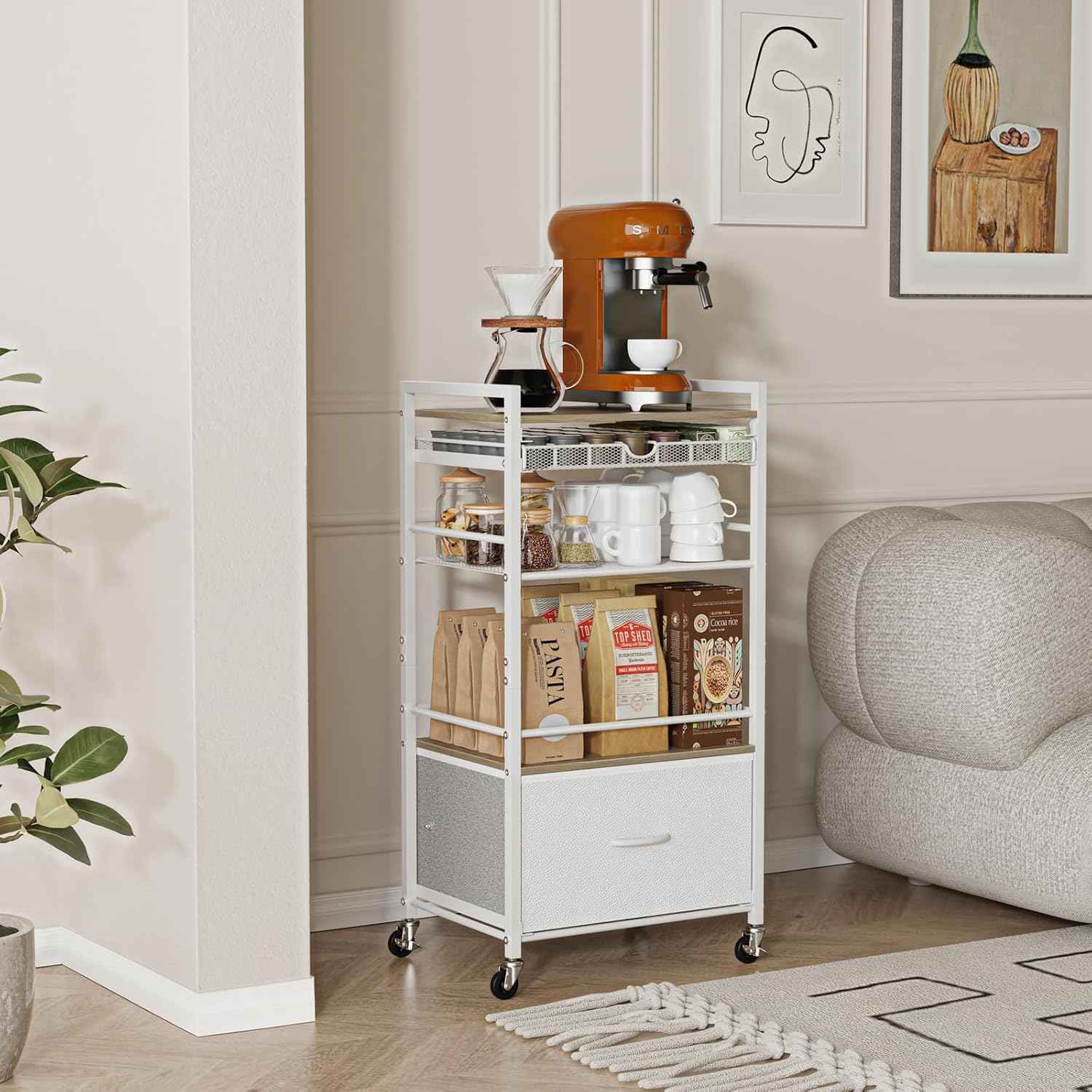 Modern White Coffee Bar Cabinet on Wheels - 5-Tier Storage Station with Drawer for Home Kitchen & Liquor Buffet