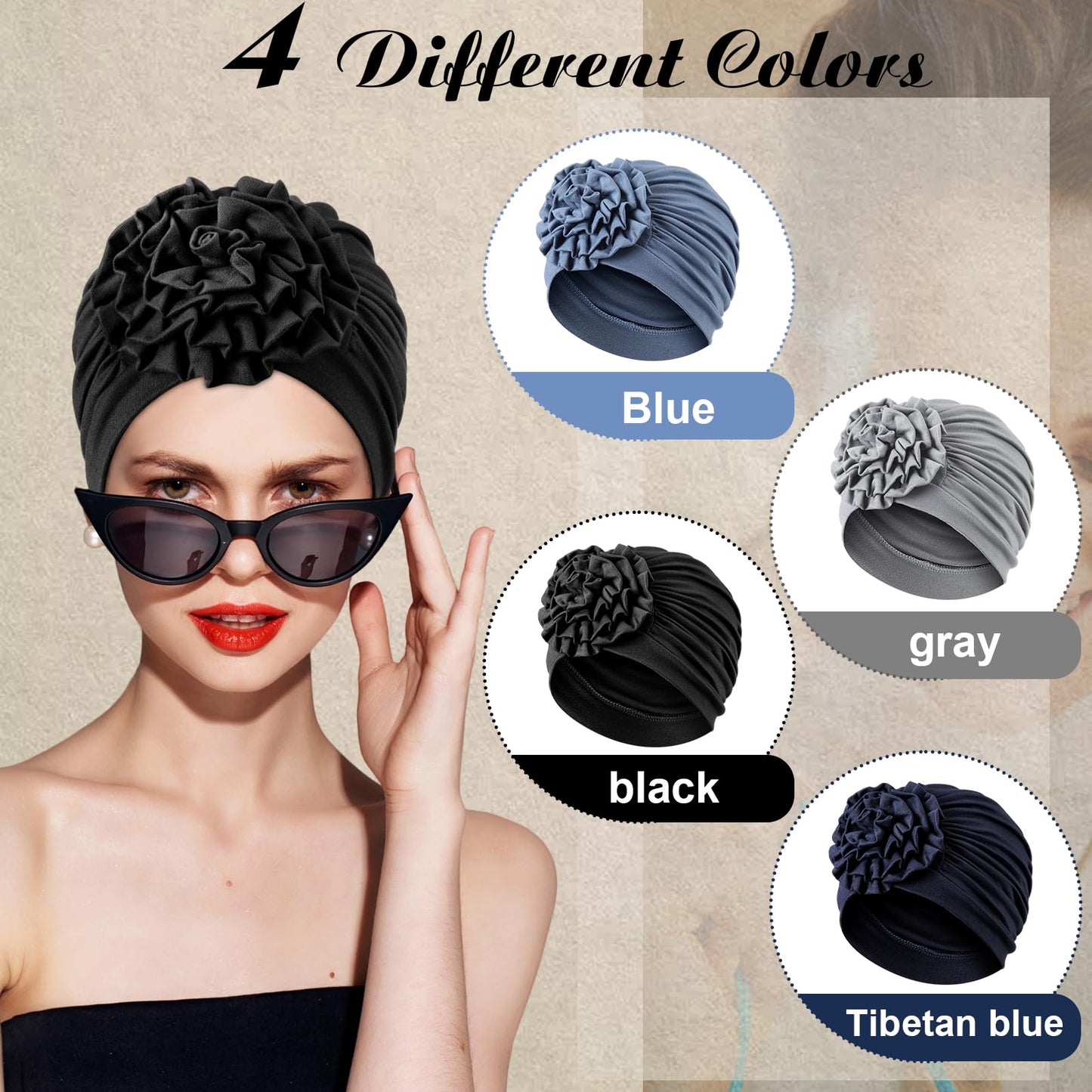 JenPen 4 Pcs Chemo Turban Headwear for Women Soft Cancer Headwear Flower Turban Elastic Head Wrap Cap for Women Cancer Patients Hair Loss