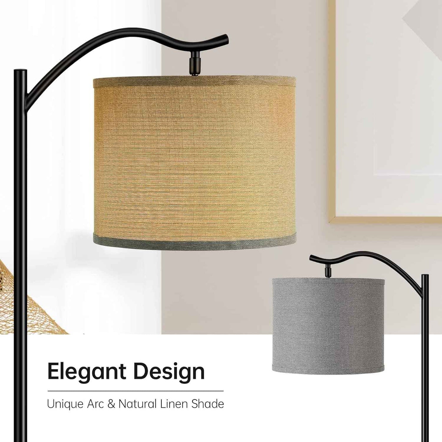 Modern LED Floor Lamp with Bohemian Linen Shade – Arched Tall Standing Light for Living Room & Bedroom