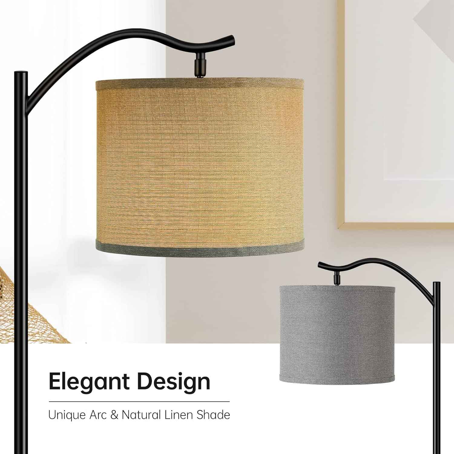 Modern LED Floor Lamp with Bohemian Linen Shade – Arched Tall Standing Light for Living Room & Bedroom