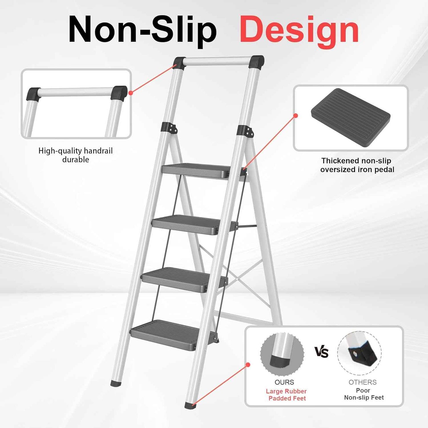 DIAMONDFORGE 4-Step Folding Ladder - Sturdy Steel Construction, Anti-Slip Pedals & Feet, Handgrip - Home Use, White & Red