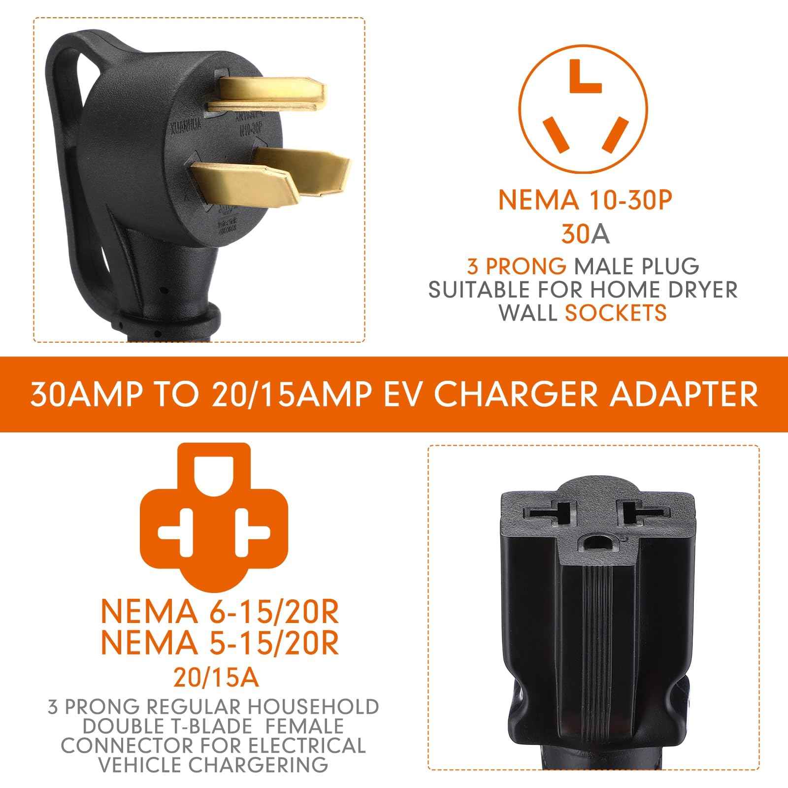 Tellegloww 30 Amp to 20 Amp Dryer to EV Charger Adapter compatible with NEMA 10-30P to 5-15/20R or 6-15/20R, 30Amp 3 Prong Dryer Plug 10-30P to 240V 6-20R 6-15R 5-15R 5-20R T-Blade for EV Charging