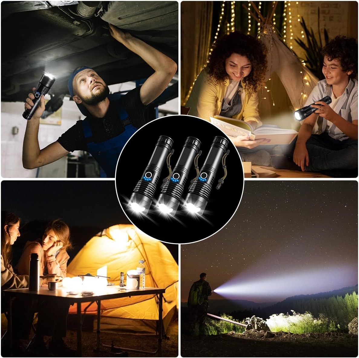 Rechargeable High Lumens Flashlight 3-Pack - Super Bright LED Tactical Lights for Camping & Emergencies