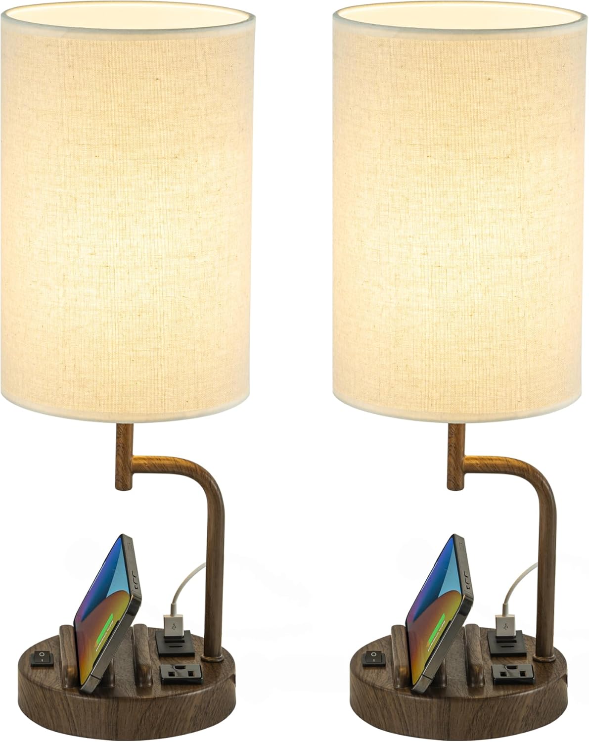 Modern Table Lamp with 3 USB Ports & AC Outlet - Set of 2 Bedside Desk Lamps in Silver