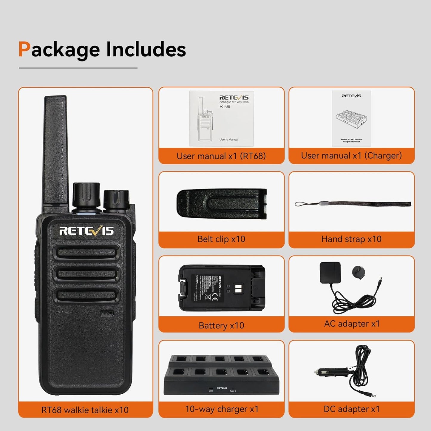 Retevis RT68 Walkie Talkies - Long Range 2-Way Radios with 10 Multi-Way Charger | Compact & Rechargeable 1200mAh