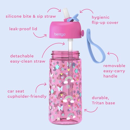 Bentgo Kids Water Bottle - Leak-Proof 15 oz Tritan BPA-Free Cup | Durable & Dishwasher Safe for Ages 3+ (Rainbows & Butterflies)