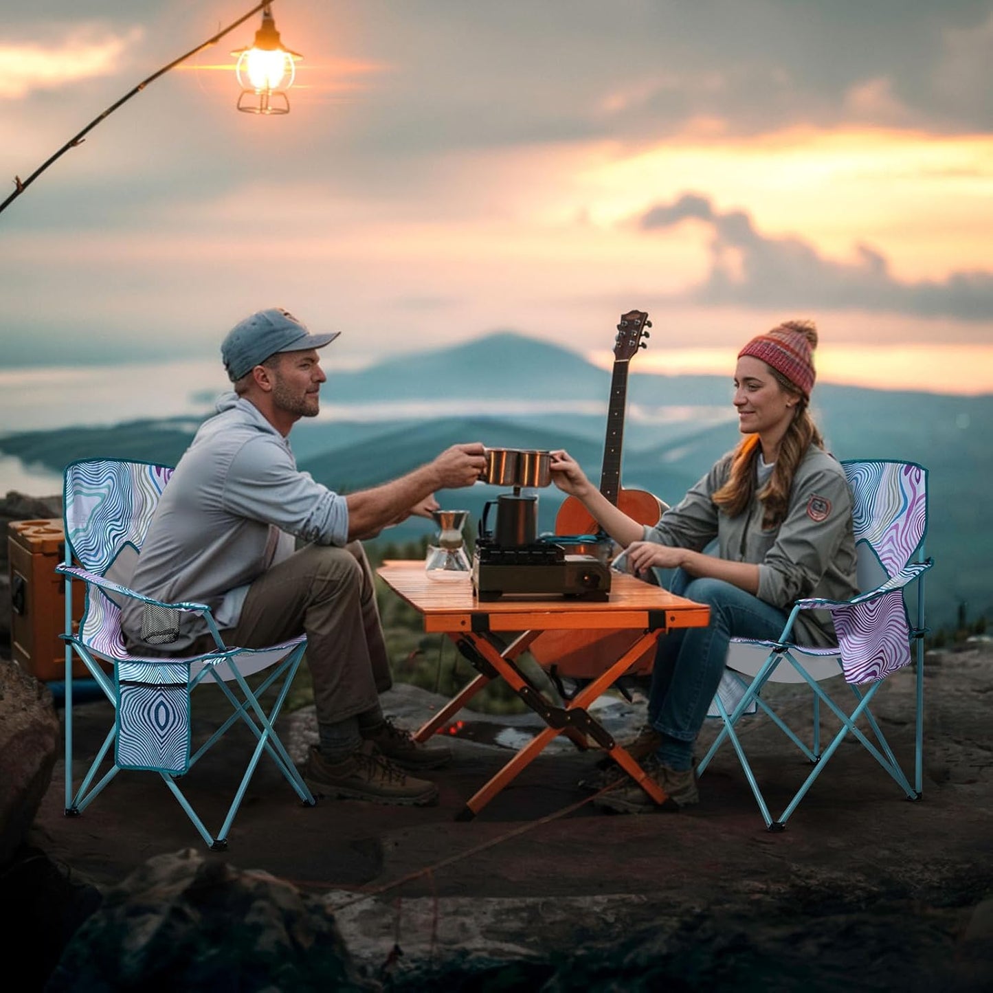 Nazhura Folding Camping Chair Set - Comfortable Mesh Backrest & Cooler Pouch | 2 Pack, Floral Design