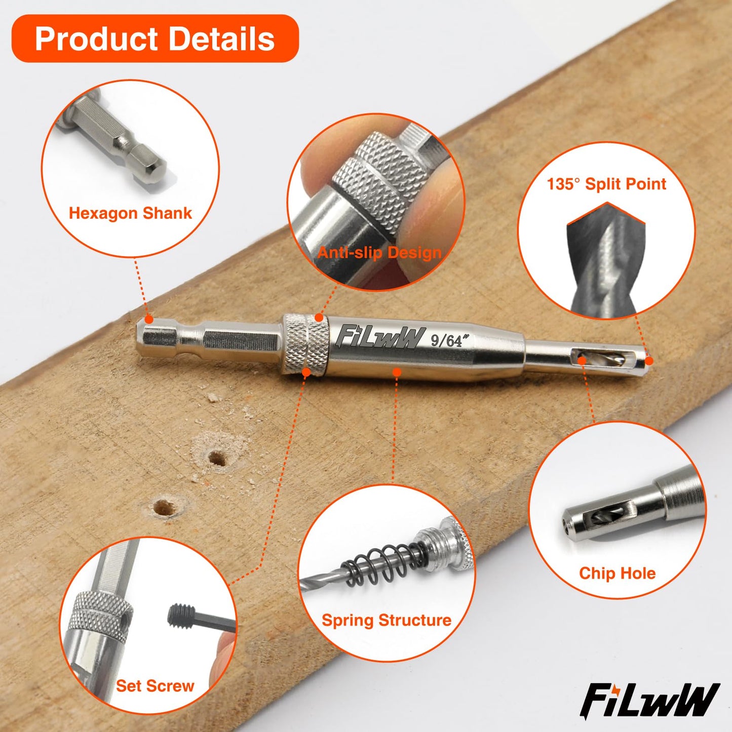 FiLwW Self-Centering Drill Bit Set, CC2430 3/32", 7/64", 9/64" Self Centering Drill Bit VIX Bit for #6 8 10 Screws