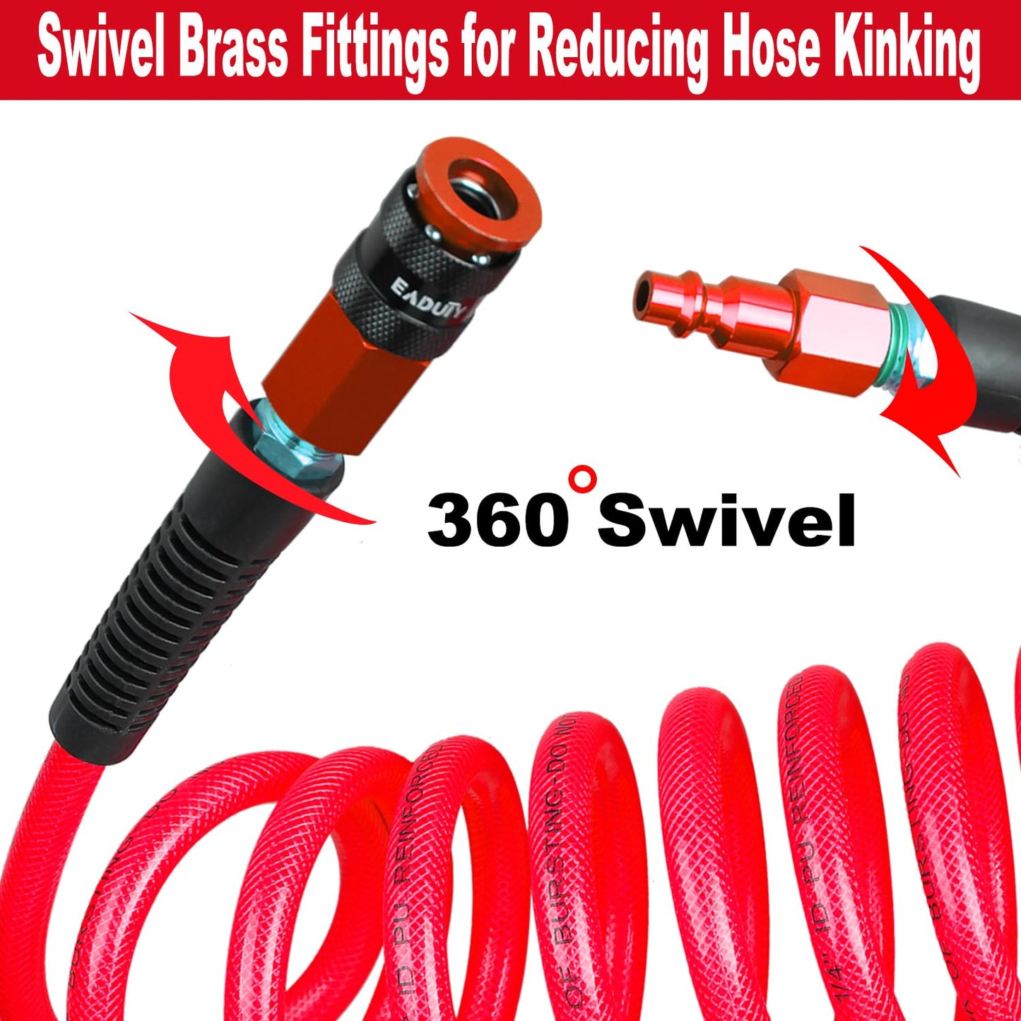 EADUTY Heavy Duty Reinforced Polyurethane Recoil Air Hose 1/4 in x 10 ft, Lightweight, Flexible Compressor Hose with Universal Quick Coupler, Plug and Bend Restrictors, Red